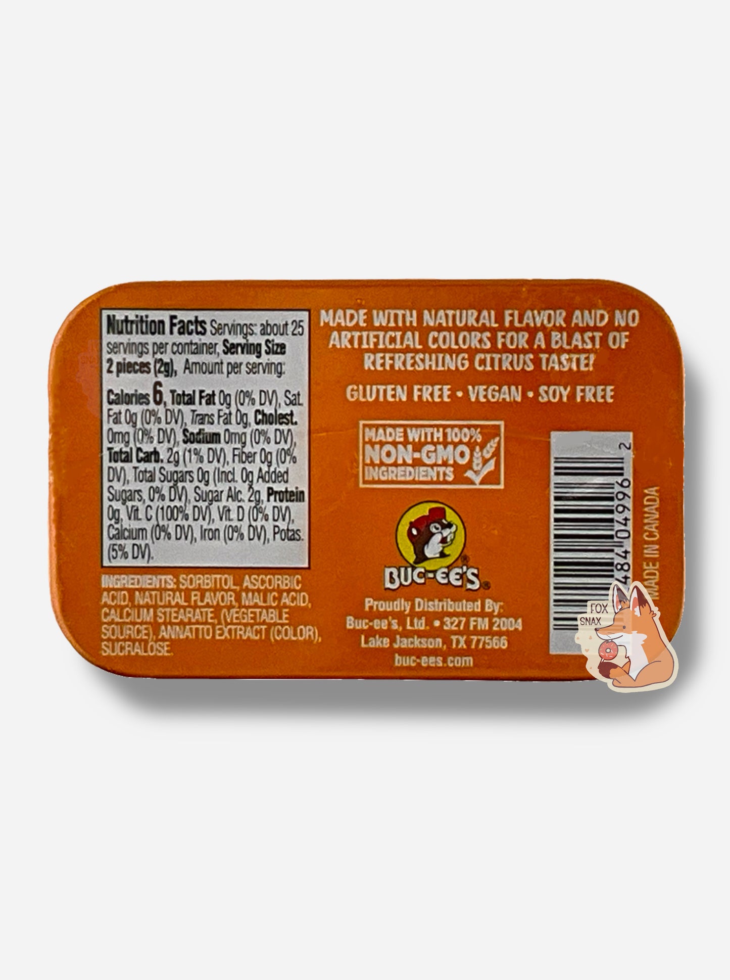 A picture of a back of a tin of Buc-ees Orange Blast Sours. The back cover is decorated with a small picture of Buc-ee The Beaver, and has the following text: Made With Natural Flavor And No Artificial Colors For A Blast Of Refreshing Citrus Taste!, Gluten Free, Vegan, Soy Free, made with 100% Non-GMO Ingredients.