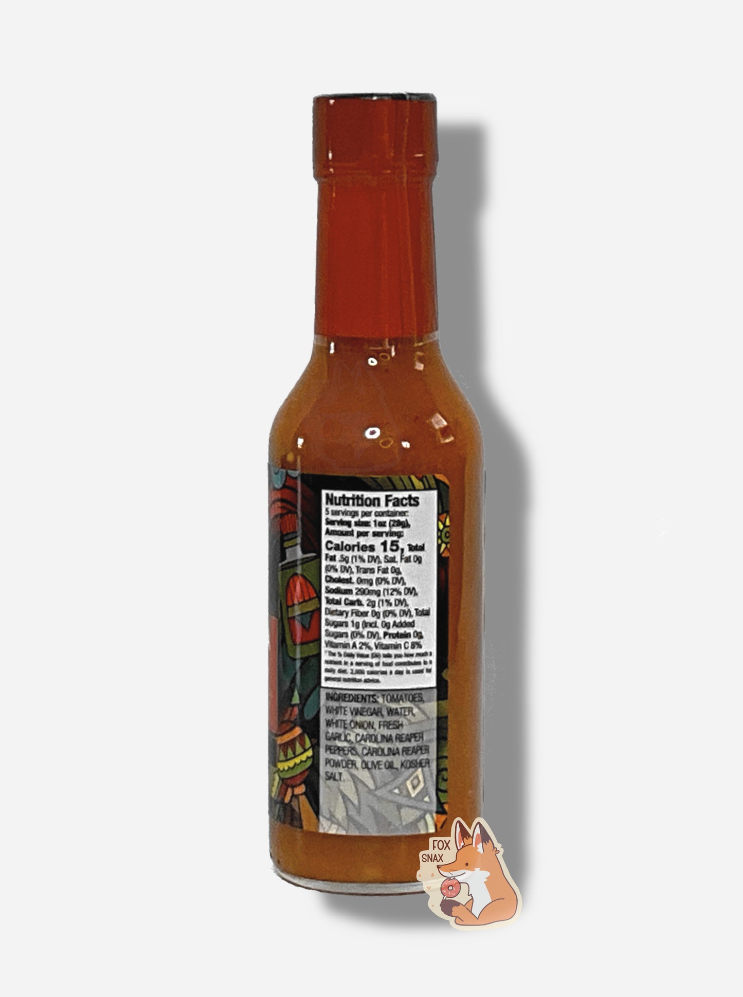 A picture of a small, tall glass bottle of hot sauce. The top of the bottle is sealed with a plastic top. The sauce inside is red/orange.