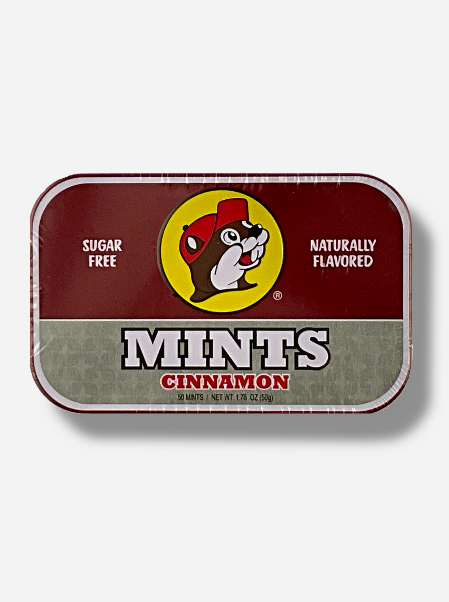 A picture of a tin of Buc-ees Cinnamon Mints. The cover is decorated with a big picture of Buc-ee The Beaver, and has a dark red and silver background. The tin reads Sugar Free, Naturally Flavored, Mints, Cinnamon.