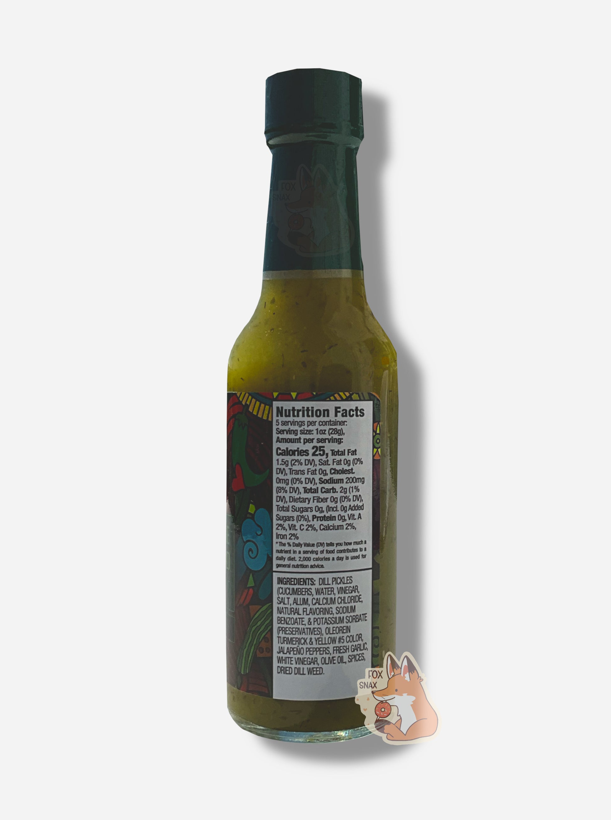 A picture of a small, tall glass bottle of hot sauce. The top of the bottle is sealed with a plastic top. The sauce inside is dark green/green with darker green flecks.