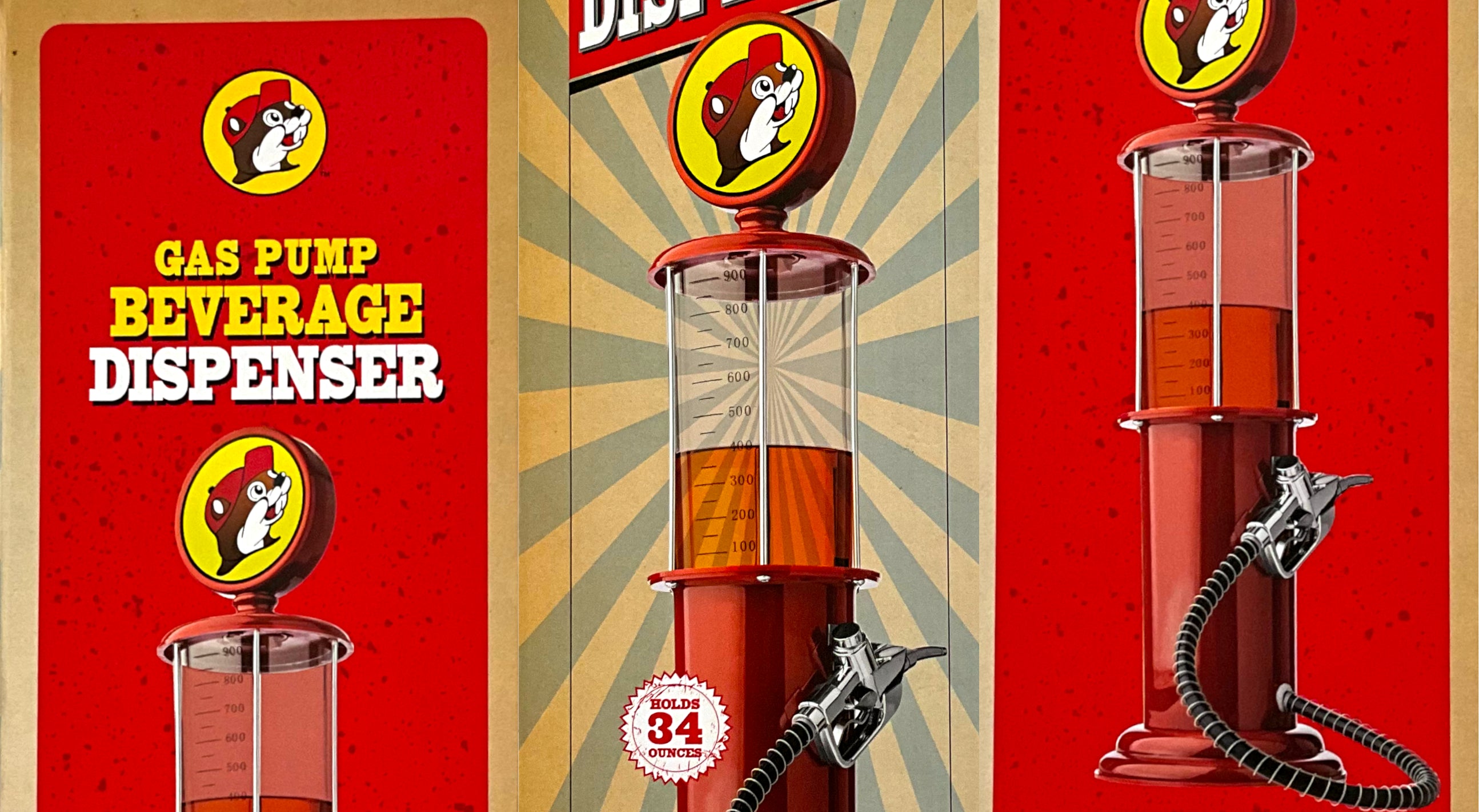 Three pictures of the Buc-ee's Gas Pump Dispenser, a red and clear plastic beverage dispenser which resembles a old-style gas pump. At the top of the pump is a circular sticker of the Buc-ee's logo, a cheerful beaver. The middle shows a amber fluid inside the dispenser. The bottom shows the dispenser component - a plastic gas pump with a trigger to dispense fluids.