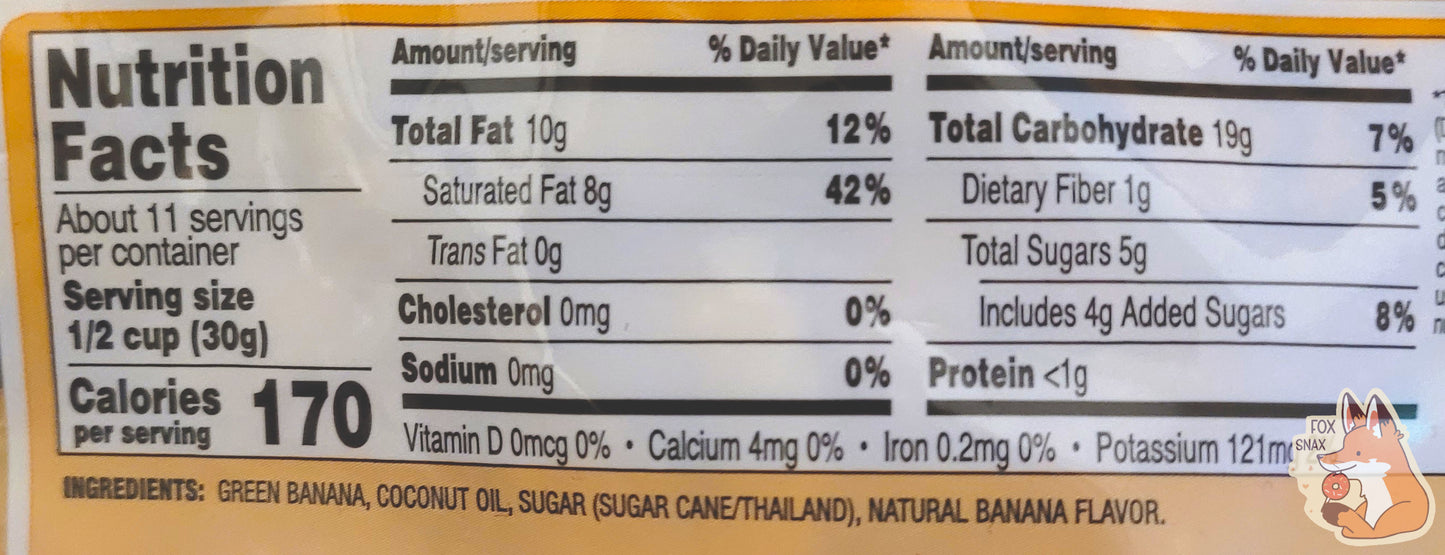 The back of a clear bag of Buc-ee's Sweetened Dried Banana Chips. Nutrition facts and ingredients are listed.