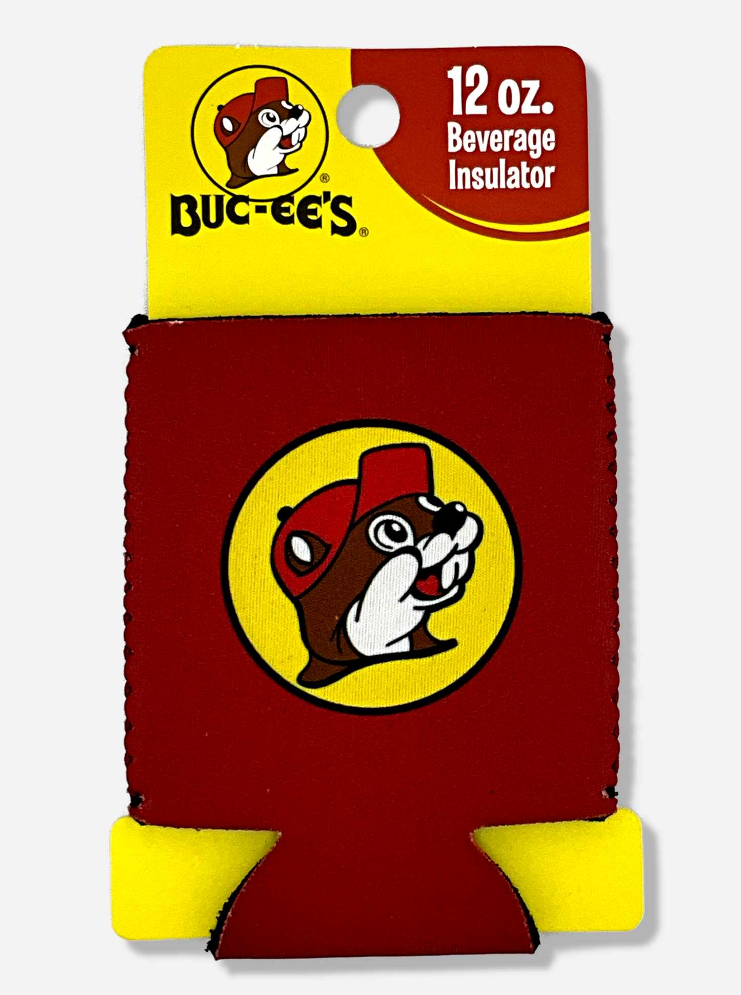A picture of a foam and cloth red Beverage Insulator, wrapped around a yellow piece of cardboard. The cardboard reads BUC-EE's 12 oz. Beverage Insulator. The front of the red insulator has a picture of Buc-ee The Beaver on it, sillhoutted against a yellow circle with a black outline.