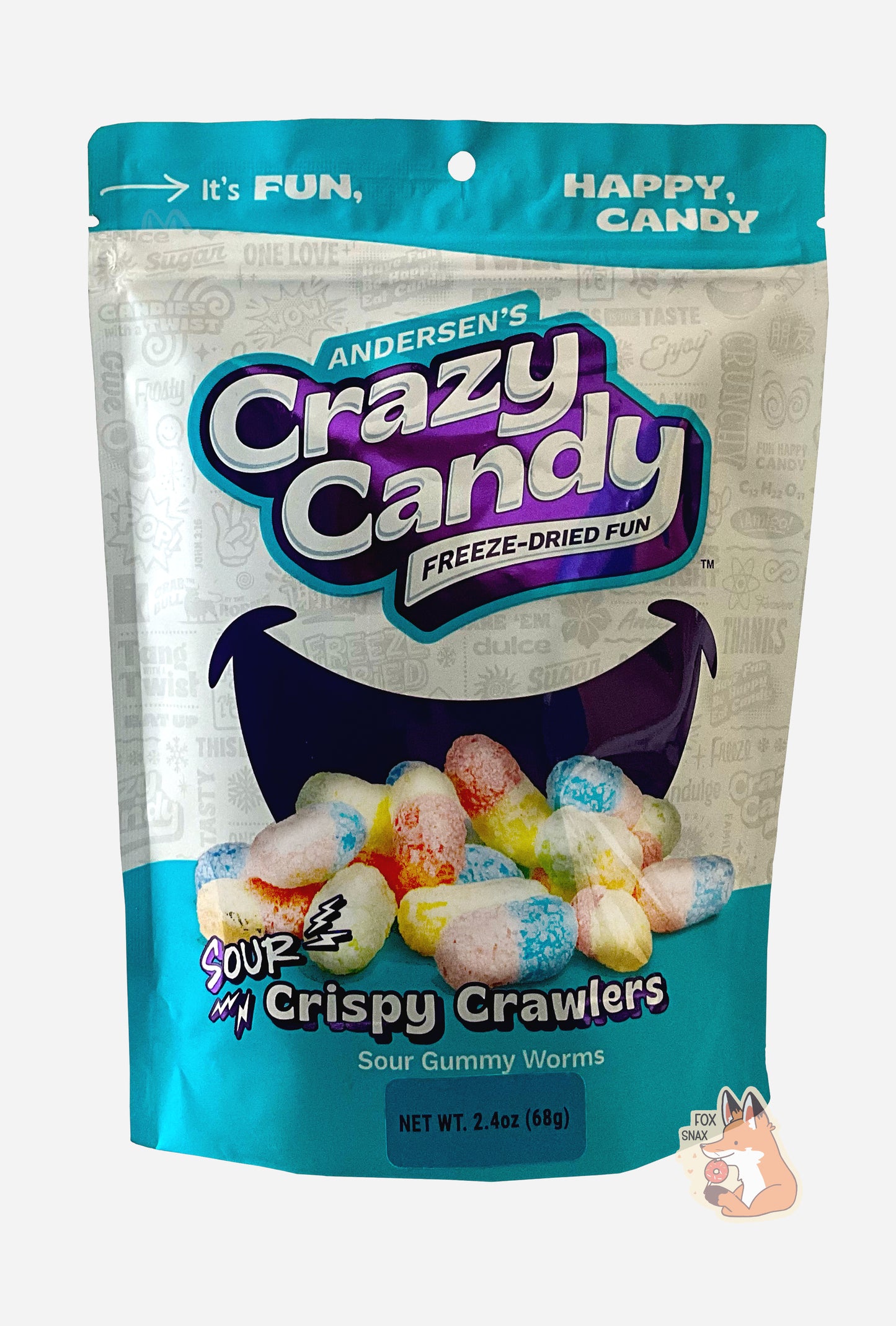 A large bag of Andersen's Sour Crispy Crawlers. The front of the bag also says Sour Gummy Worms, Net Weight 2.4 oz. It's Fun, Happy, Candy. The top and bottom of the bag are light blue, and the background is a large dark blue smile against a white background.