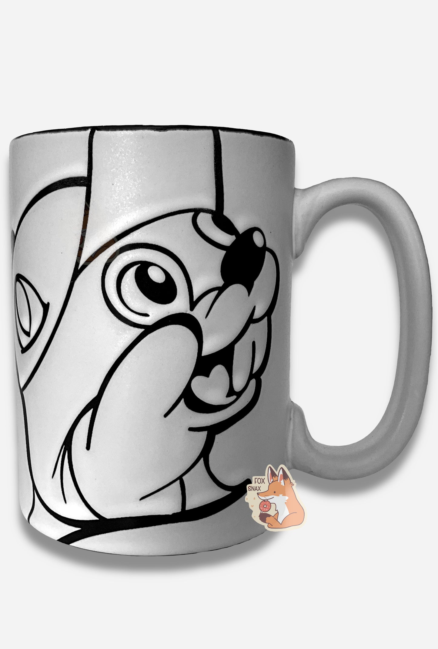 A picture of a ceramic, grey and white coffee mug. The mug prominently features a picture of Buc-ee The Beaver on the front and back, in grey. The interior of the mug is a grey as well, and rest of the mug is white.