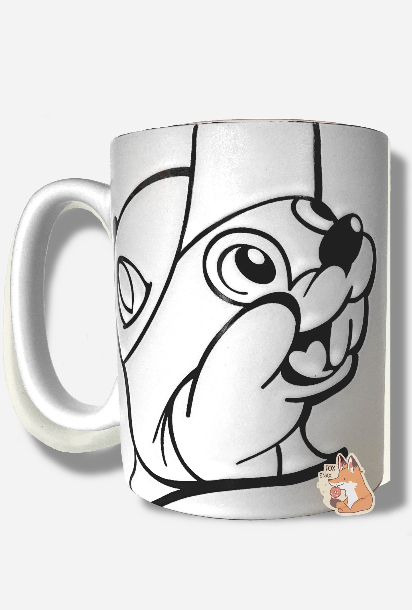 A picture of a ceramic, grey and white coffee mug. The mug prominently features a picture of Buc-ee The Beaver on the front and back, in grey. The interior of the mug is a bright grey as well, and rest of the mug is white.
