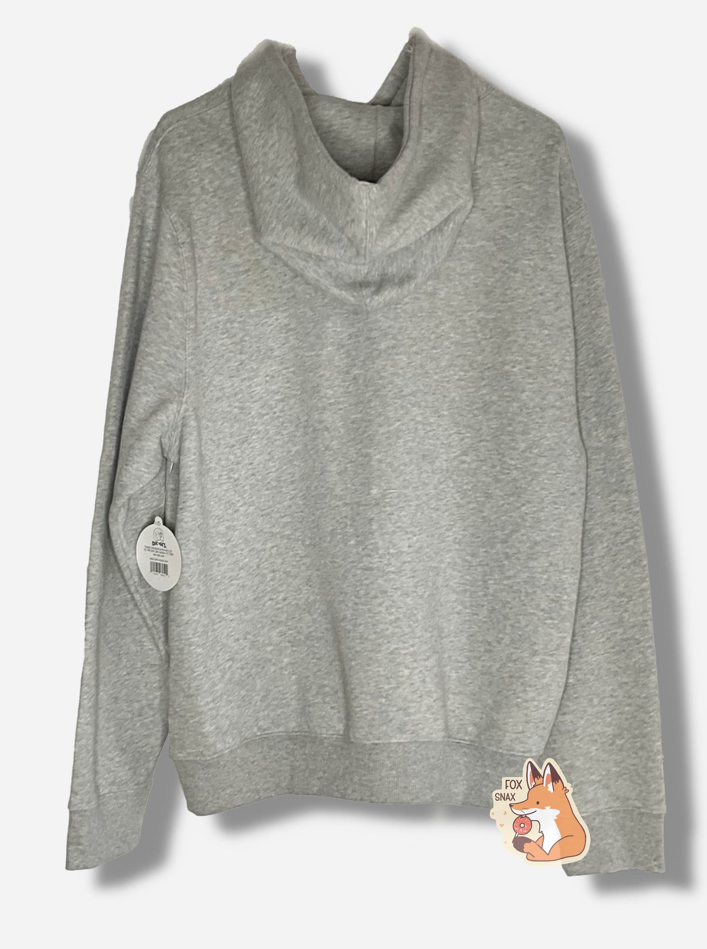 A picture of the back of a grey cotton/polyester hoodie sweatshirt.