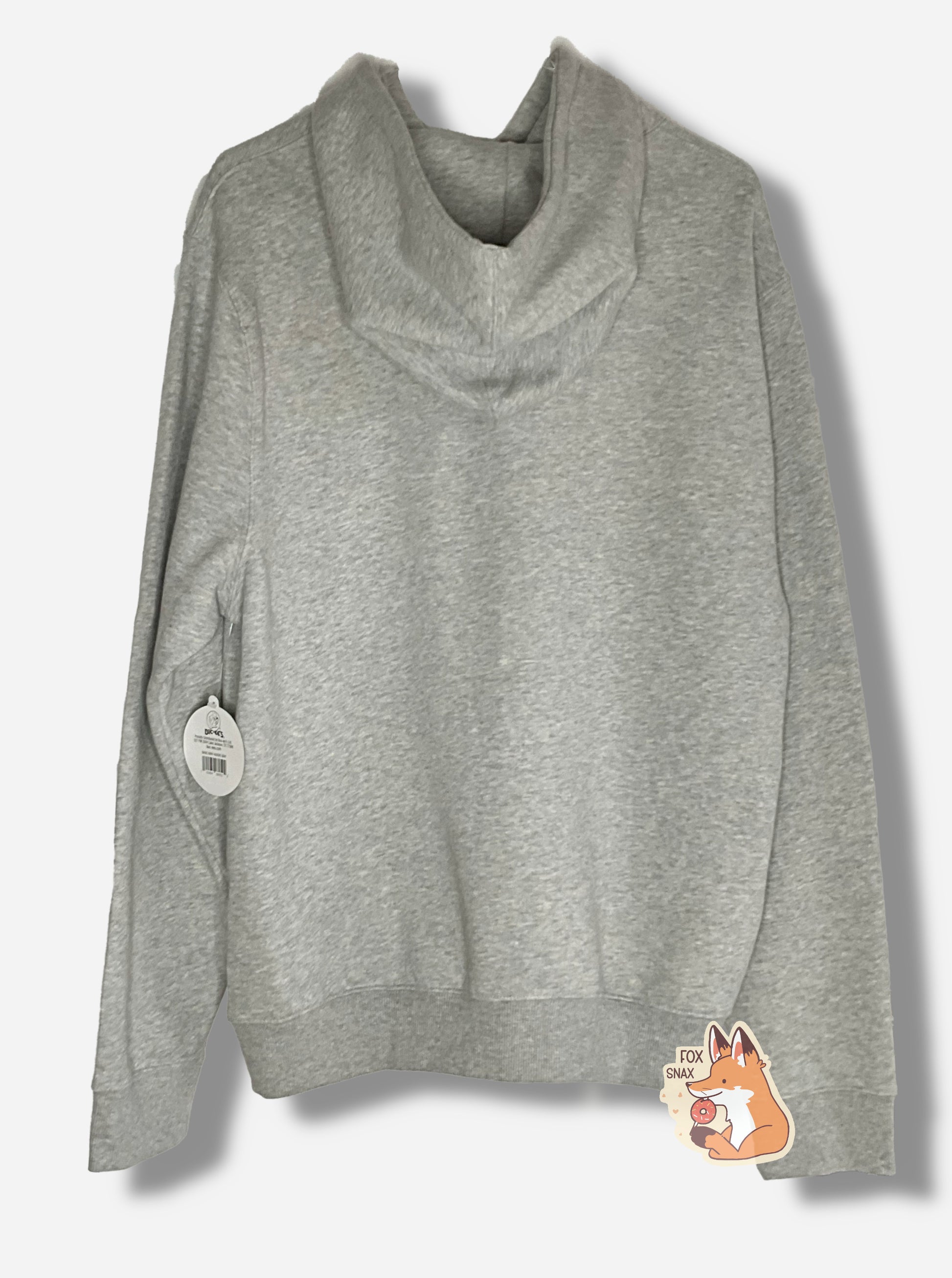 A picture of the back of a grey cotton/polyester hoodie sweatshirt.