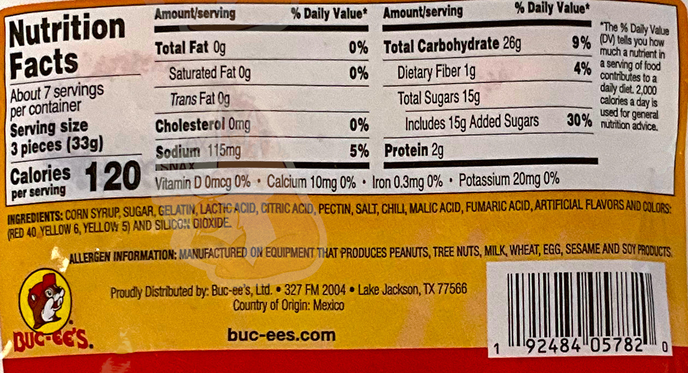 A closeup of the back of a bag of Buc-ee's Chamoy Peach Rings. Nutrition facts are listed below, then ingredients.