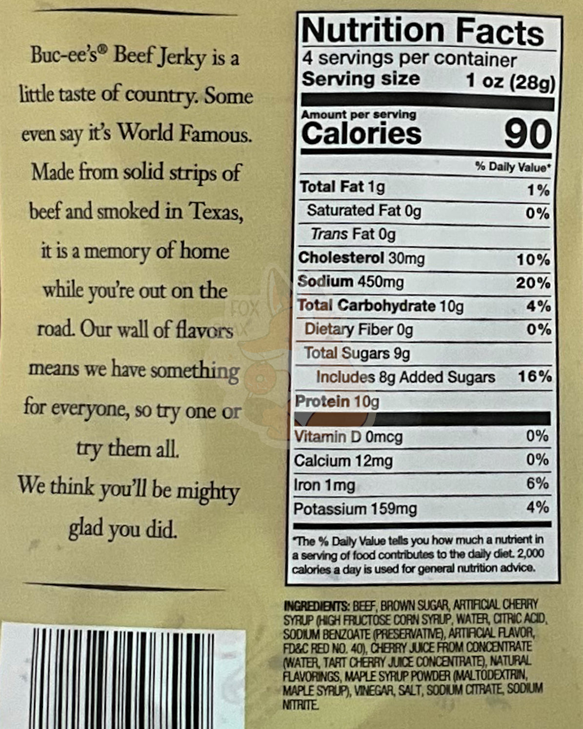 A closeup of the back of a bag of Buc-ee's Cherry Maple Beef Jerky. The label underneath reads 'Buc-ee's Beef Jerky is a little taste of country. Some even say it's World Famous. Made from solid strips of beef and smoked in Texas, it is a memory of home while you're out on the road. Our wall of flavors means we have something for everyone, so try one or try them all. We think you'll be mighty glad you did.' Nutrition facts are listed below, then ingredients.