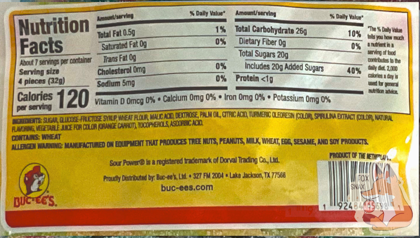 A closeup of the back of a bag of Buc-ee's Dill Pickle Sour Power Belts. Nutrition facts are listed below, then ingredients.