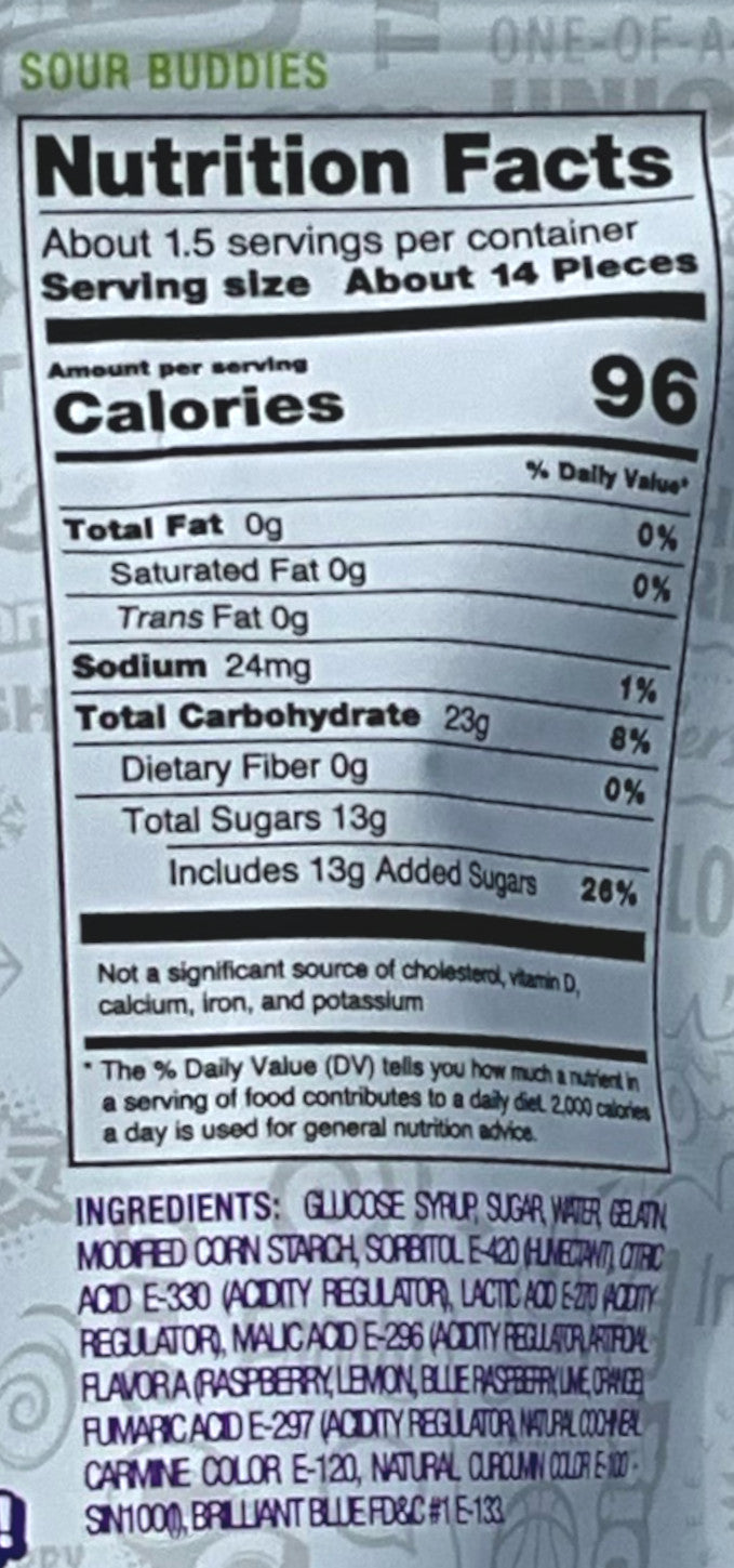 A closeup of the back of a bag of Andersen's Sour Buddies. Nutrition facts, then ingredients, can be seen.