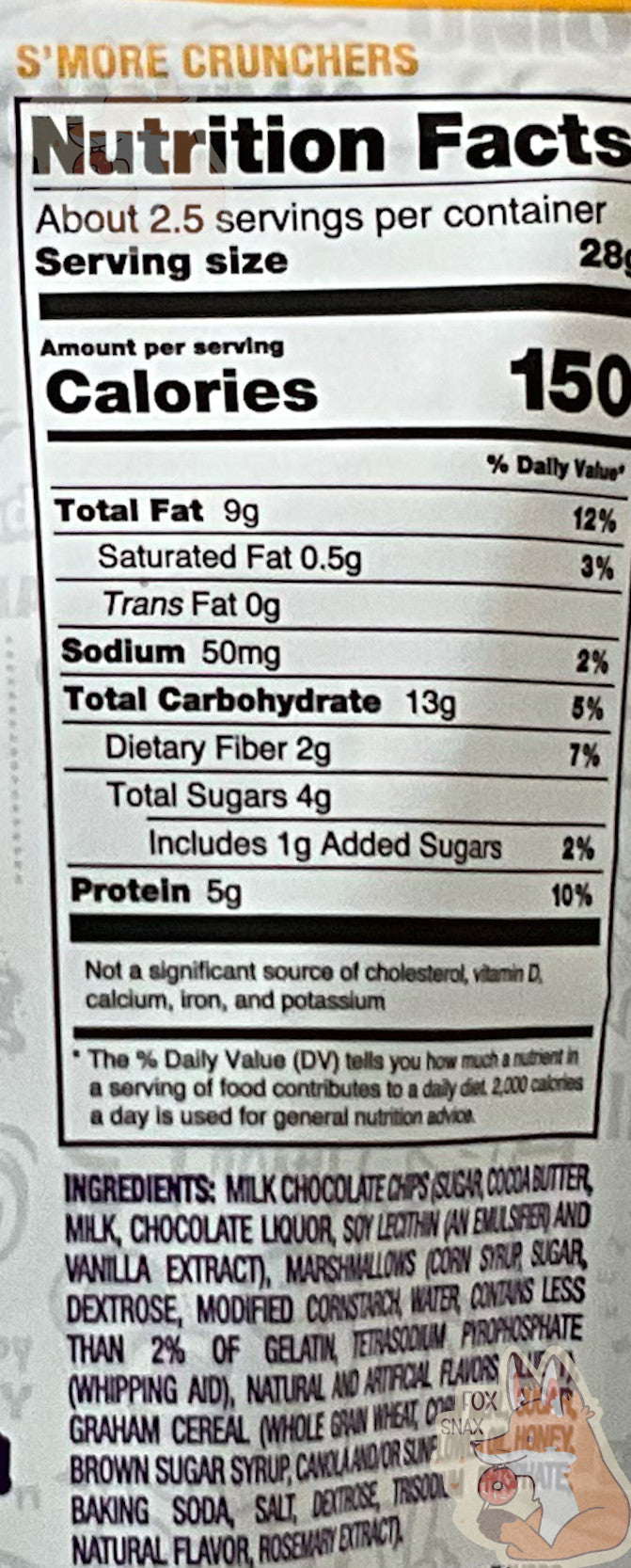 A closeup of the back of a bag of Andersen's S'more Crunchers. Nutrition facts, then Ingredients are listed.