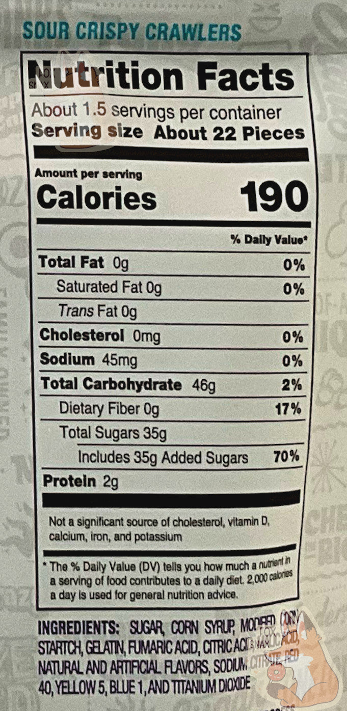 A closeup of the back of a bag of Andersen's Crispy Crawlers. Nutrition Facts, then Ingredients are listed.
