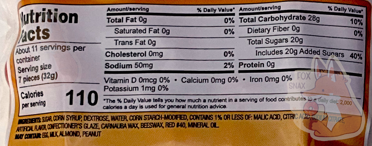 The back of a bag of Buc-ee's Cherry Sours. Nutrition facts are listed, then ingredients.