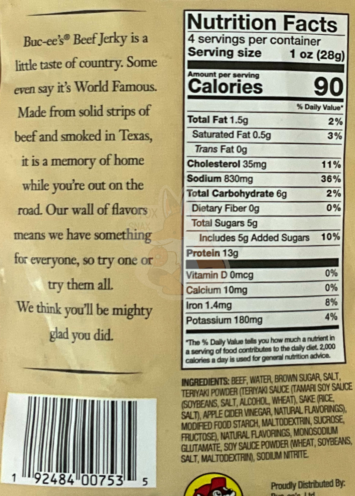 A closeup of the back of a bag of Buc-ee's Korean BBQ Beef Jerky.  The label underneath reads 'Buc-ee's Beef Jerky is a little taste of country.  Some even say it's World Famous.  Made from solid strips of beef and smoked in Texas, it is a memory of home while you're out on the road.  Our wall of flavors means we have something for everyone, so try one or try them all.  We think you'll be mighty glad you did.'   Nutrition facts are listed below, then ingredients.