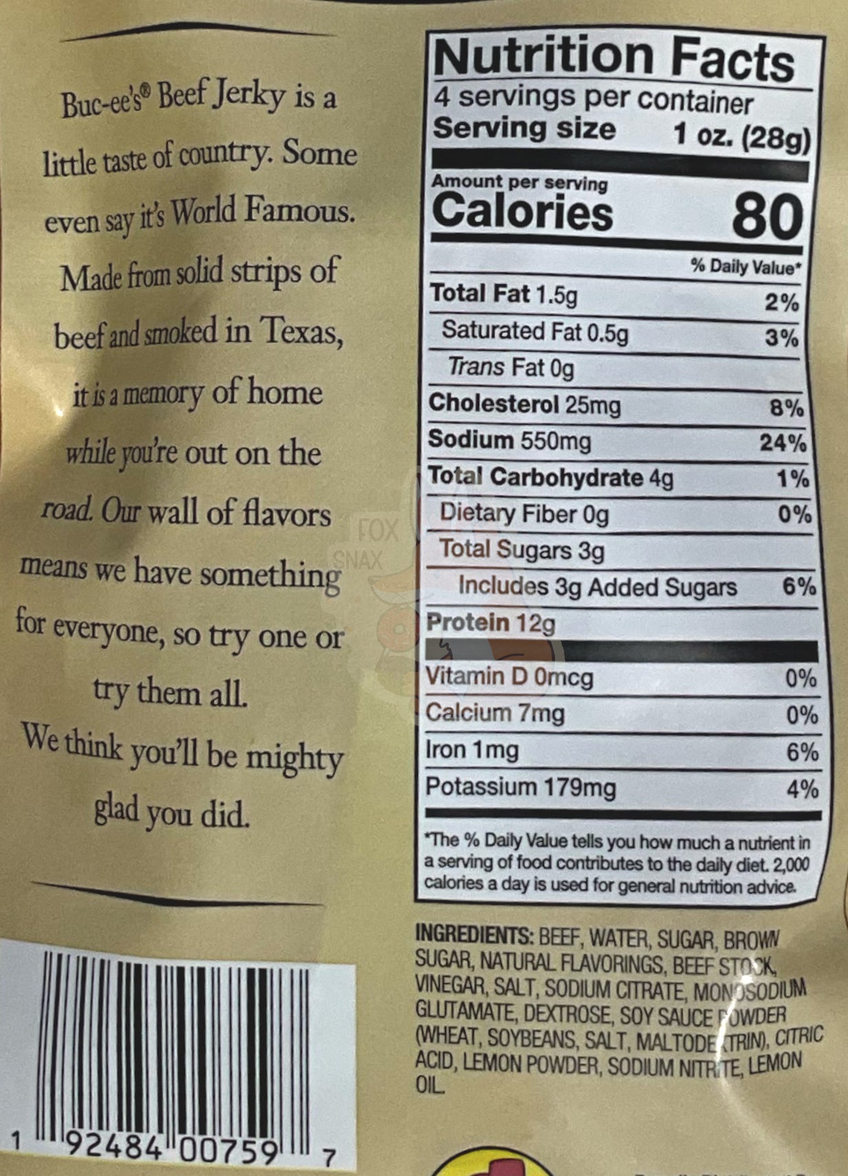 A closeup of the back of a bag of Buc-ee's Lemon Pepper Beef Jerky. The label underneath reads 'Buc-ee's Beef Jerky is a little taste of country. Some even say it's World Famous. Made from solid strips of beef and smoked in Texas, it is a memory of home while you're out on the road. Our wall of flavors means we have something for everyone, so try one or try them all. We think you'll be mighty glad you did.' Nutrition facts are listed below, then ingredients.