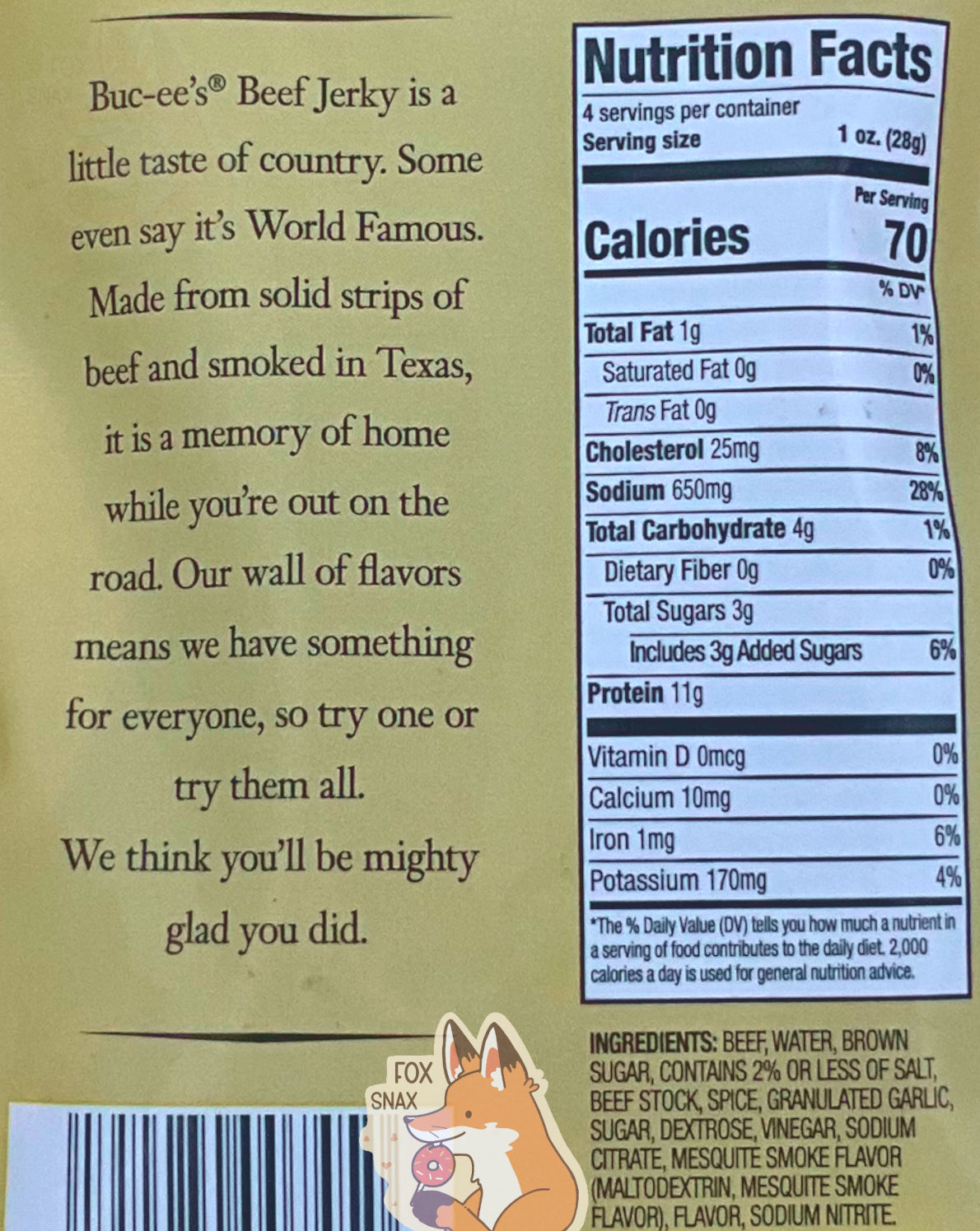 A closeup of the back of a bag of Buc-ee's Mesquite Peppered Beef Jerky. The label underneath reads 'Buc-ee's Beef Jerky is a little taste of country. Some even say it's World Famous. Made from solid strips of beef and smoked in Texas, it is a memory of home while you're out on the road. Our wall of flavors means we have something for everyone, so try one or try them all. We think you'll be mighty glad you did.' Nutrition facts are listed below, then ingredients.