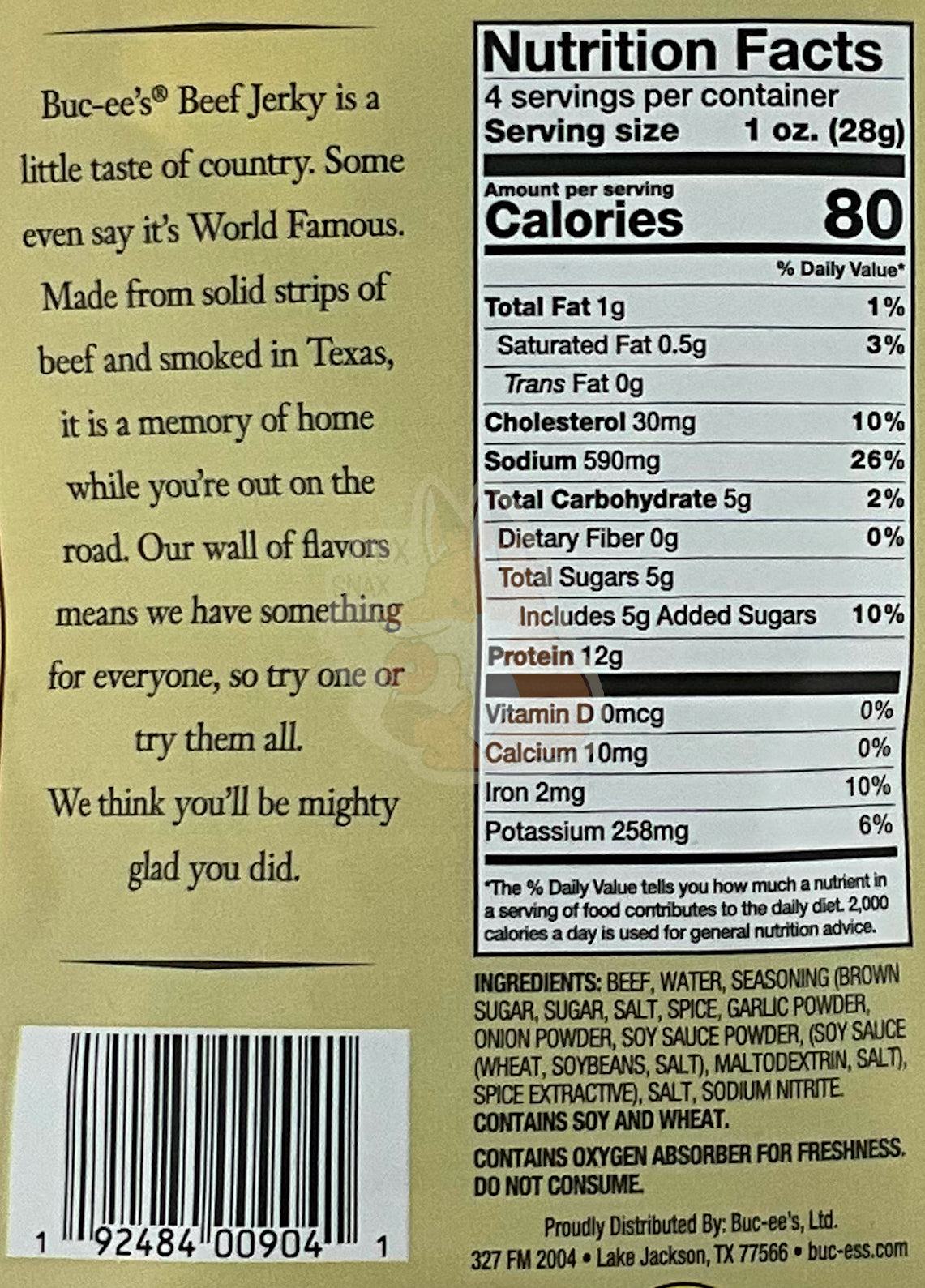 A closeup of the back of a bag of Buc-ee's Sweet and Spicy Beef Jerky. The label underneath reads 'Buc-ee's Beef Jerky is a little taste of country. Some even say it's World Famous. Made from solid strips of beef and smoked in Texas, it is a memory of home while you're out on the road. Our wall of flavors means we have something for everyone, so try one or try them all. We think you'll be mighty glad you did.' Nutrition facts are listed below, then ingredients.