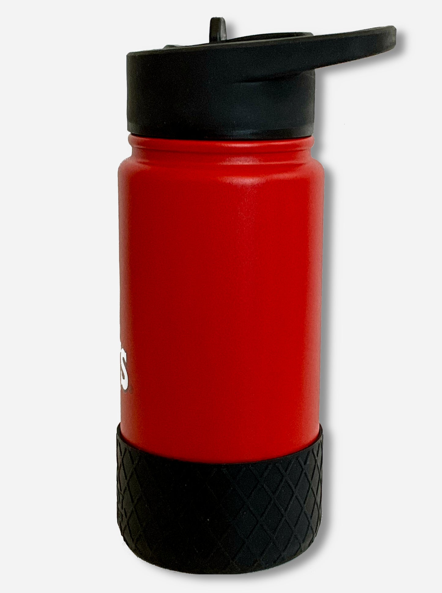 A picture of a small red cylindrical water bottle, The surface of the water bottle is red paint over metal. The top of the water bottle features a black plastic handle with a flipstraw lid. The bottom features a black plastic grippable bumper in a crosshatch pattern.