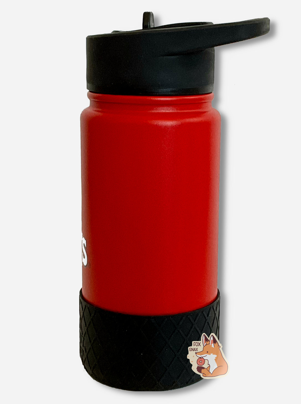 A picture of a small tie dye swirled cylindrical water bottle, The surface of the water bottle is red paint over metal. The top of the water bottle features a black plastic handle with a flipstraw lid. The bottom features a black plastic grippable bumper in a crosshatch pattern.