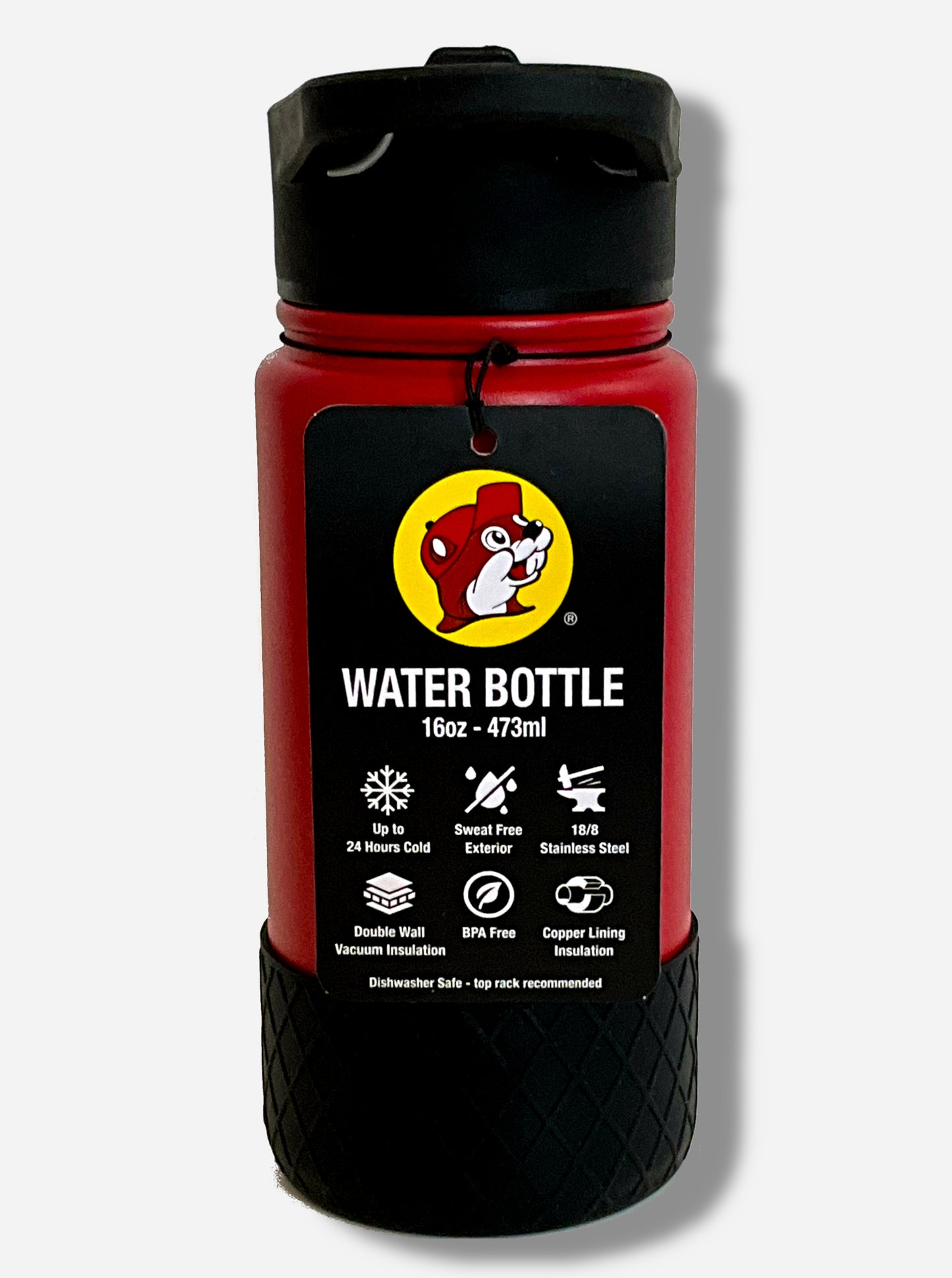 A picture of a small red cylindrical water bottle. Surface of water bottle is red paint over metal. The top of the water bottle features a black plastic handle with a flipstraw lid. The bottom features a black plastic grippable bumper in a crosshatch pattern. The tag surrounding the neck of the bottle reads: WATER BOTTLE 16 oz - 473 ml. Up to 24 Hours Cold. Sweat Free Exterior. 18/8 Stainless Steel. Double Wall Vacuum Insulation. BPA Free. Copper Lining Insulation. Dishwasher safe - top rack recommended.