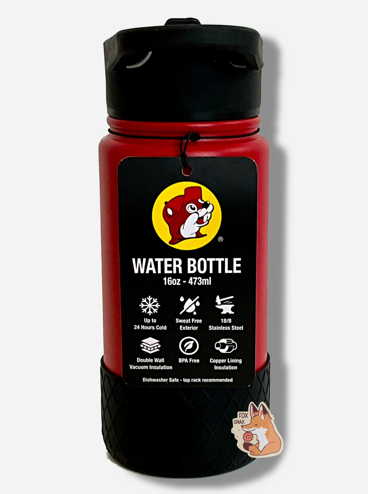 A picture of a small tie dye cylindrical water bottle. Surface of water bottle is red paint over metal. The top of the water bottle features a black plastic handle with a flipstraw lid. The bottom features a black plastic grippable bumper in a crosshatch pattern. The tag reads: WATER BOTTLE 16 oz-473 ml. Up to 24 Hours Cold. Sweat Free Exterior. 18/8 Stainless Steel. Double Wall Vacuum Insulation. BPA Free. Copper Lining Insulation. Dishwasher safe-top rack recommended.
