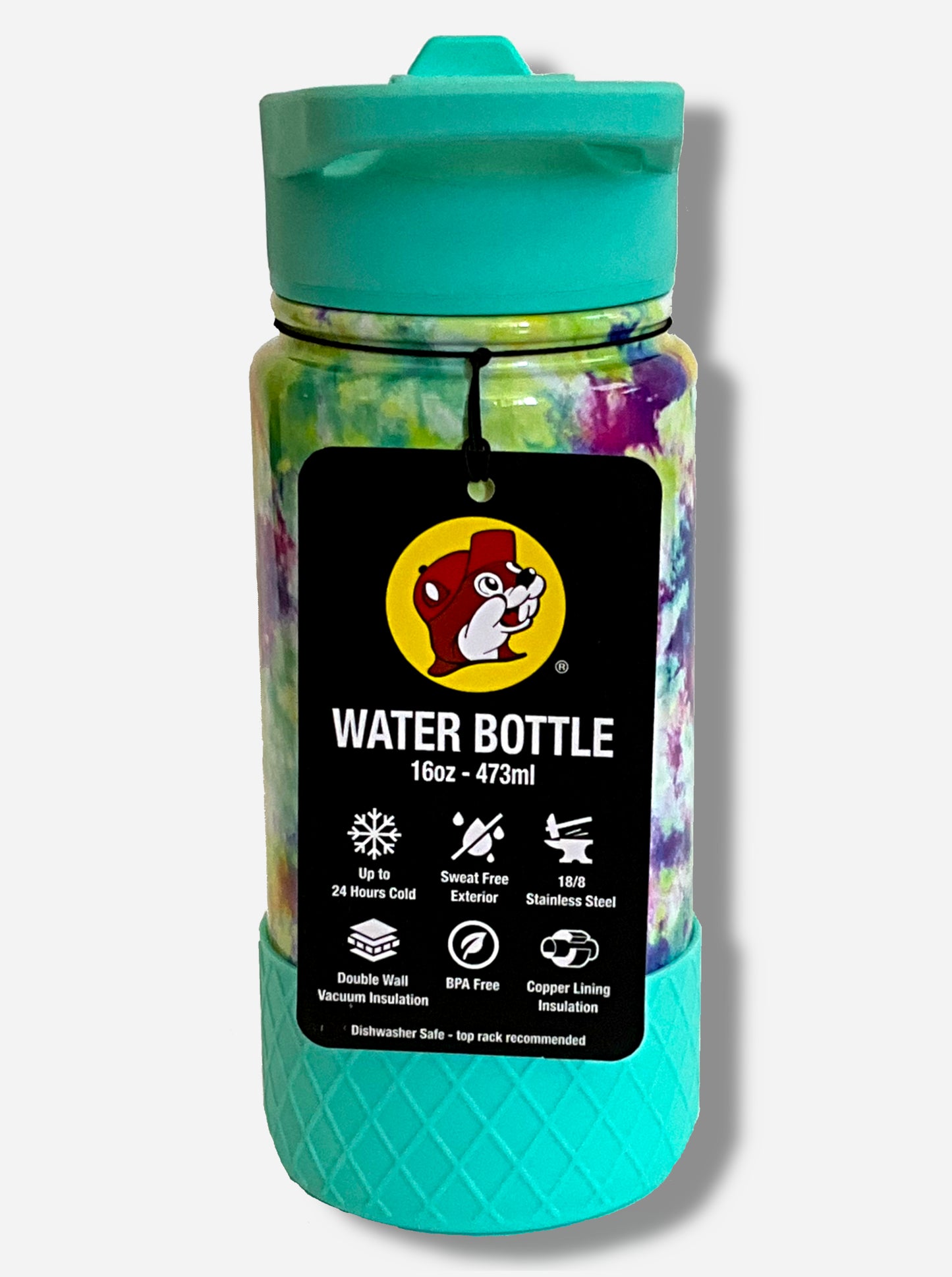 A picture of a small tie dye cylindrical water bottle. Surface of water bottle is tie dye swirl paint over metal. The top of the water bottle features a black plastic handle with a flipstraw lid. The bottom features a black plastic grippable bumper in a crosshatch pattern. The tag reads: WATER BOTTLE 16 oz-473 ml. Up to 24 Hours Cold. Sweat Free Exterior. 18/8 Stainless Steel. Double Wall Vacuum Insulation. BPA Free. Copper Lining Insulation. Dishwasher safe-top rack recommended.