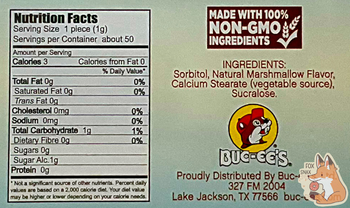 A picture of a closeup of the back of a tin of Buc-ees Marshmallow Mints. Nutrition facts, and ingredients can be seen.