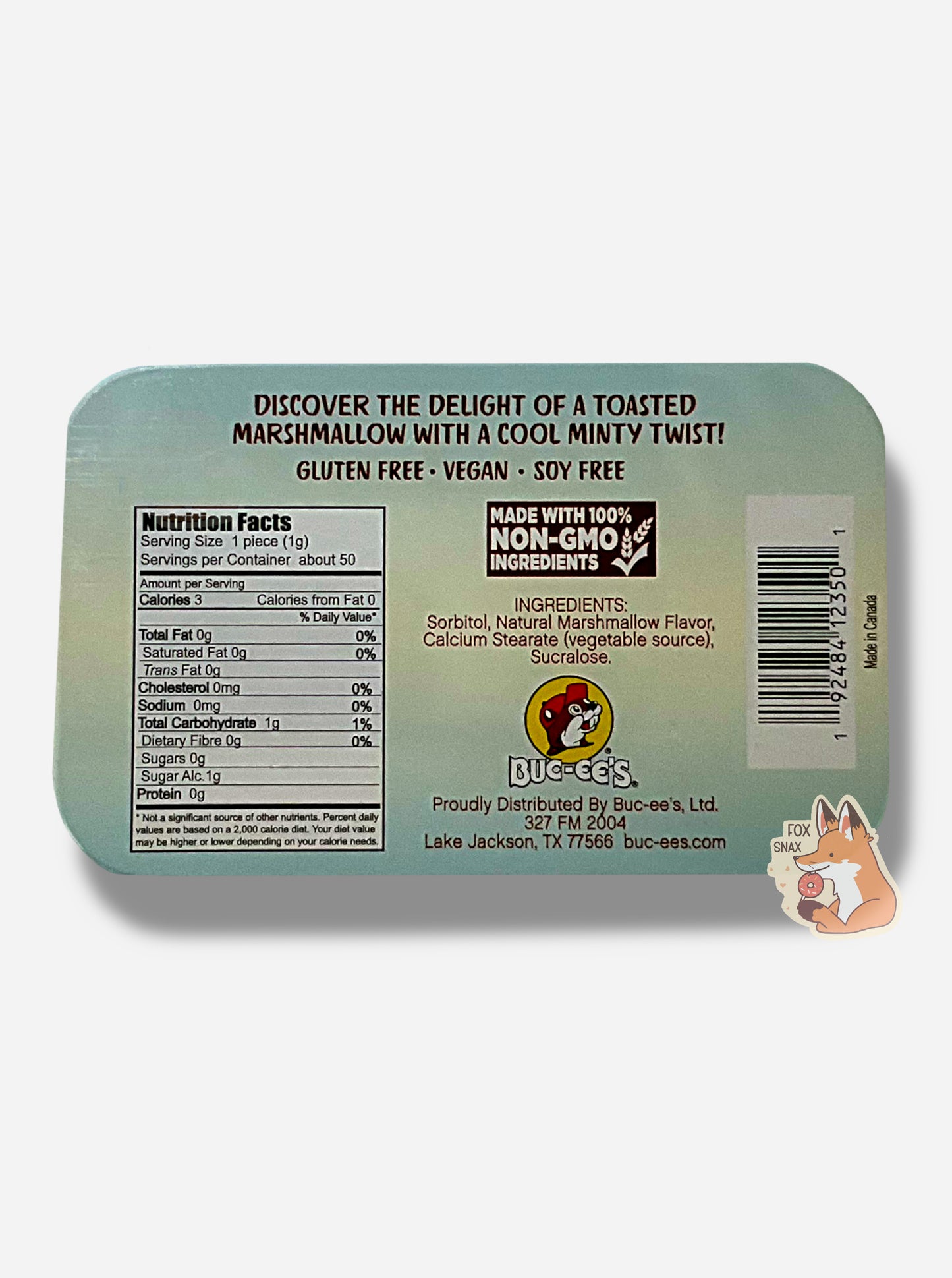 A picture of a back of a tin of Buc-ees Marshmallow Mints. The back cover is decorated with a small picture of Buc-ee The Beaver, and has the following text: Discover the delight of a toasted marshmallow with a cool minty twist! Gluten Free, Vegan, Soy Free