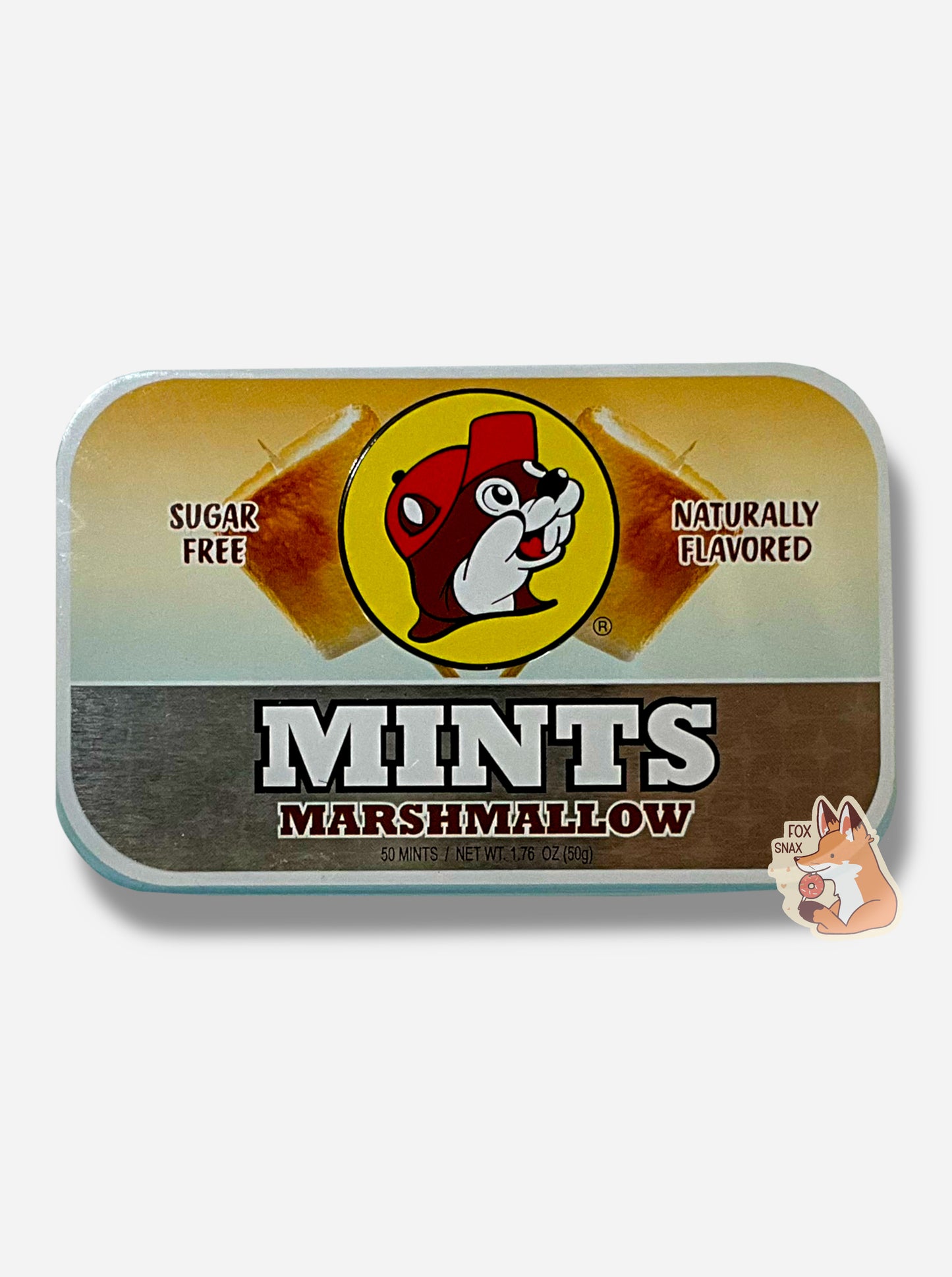 A picture of a tin of Buc-ees Marshmallow Mints. The cover is decorated with a big picture of Buc-ee The Beaver, and has a pair of toasted marshmallows against a tan and silver background. The tin reads Sugar Free, Naturally Flavored, Mints, Marshmallow.