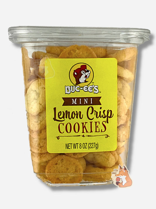 The front of a clear plastic, tall, rectangular package of Buc-ee's Mini Lemon Crisp Cookies.  The label has a small logo of Buc-ee The Beaver on it with a bright yellow cheery background.