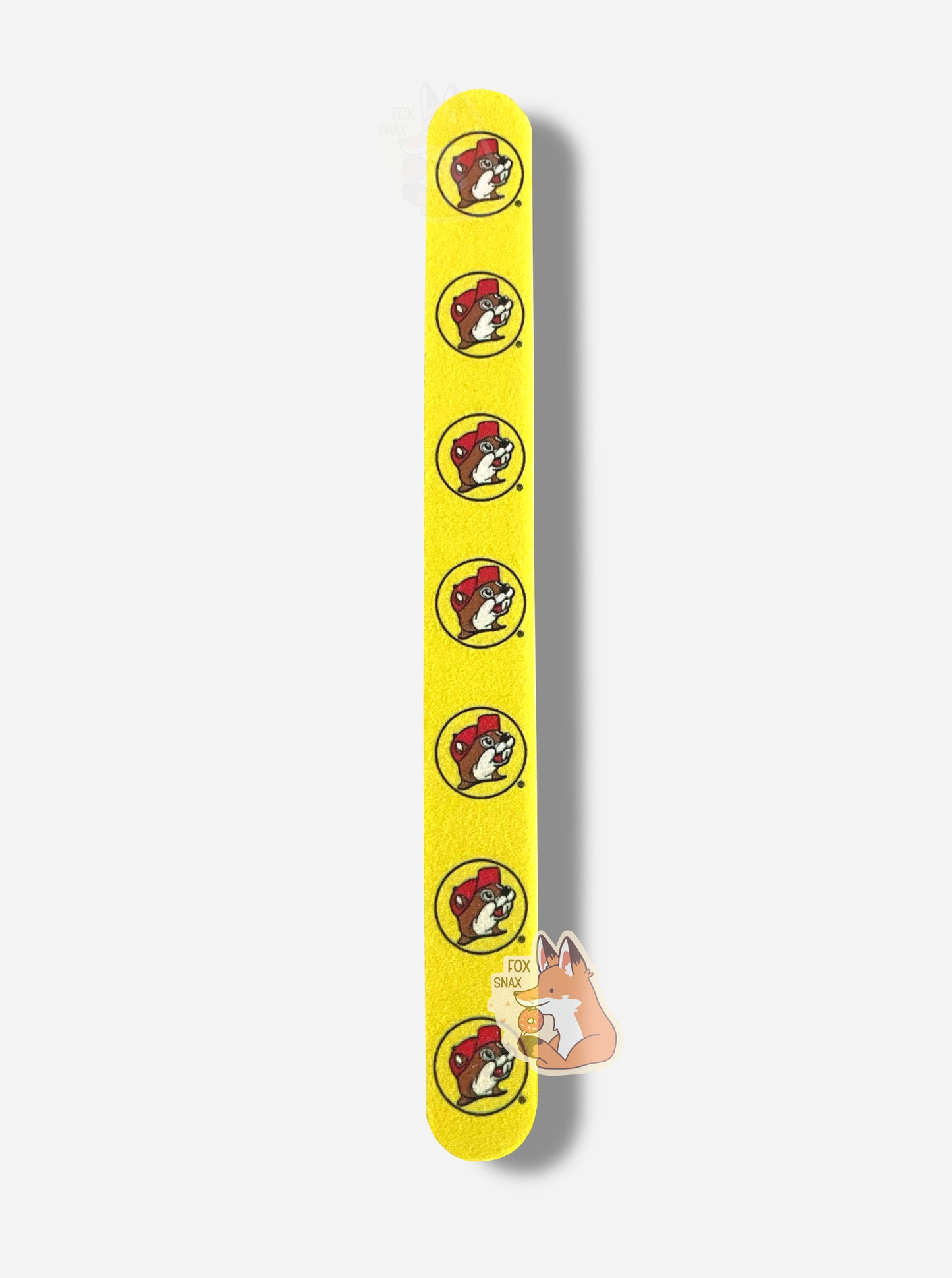 A picture of a yellow and red (this side is yellow, the other red) nail file with six Buc-ee the Beaver logos on it, evenly spaced from top to bottom. Buc-ee is smiling and wearing a red ballcap.