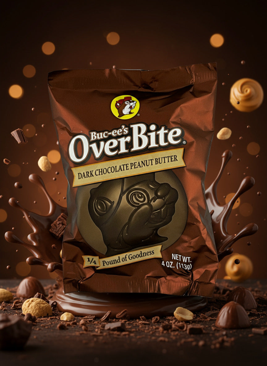 A picture of a package of a dark chocolate peanut butter Buc-ee's OverBite. The package is metallic and dark brown, and features a large picture of the candy, which is shaped like the Buc-ee's beaver mascot logo. The package reads BUC-EE's OVERBITE, then DARK CHOCOLATE PEANUT BUTTER, then 1/4 POUND OF GOODNESS. The background around the bag shows a generated splash of chocolate against a series of peanut butter swirls.