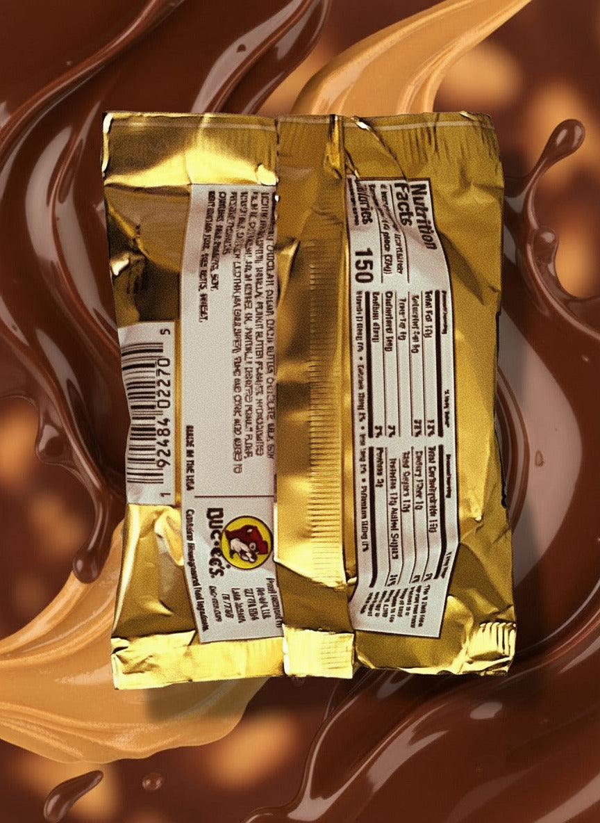 A picture of the back of a package of a chocolate peanut butter Buc-ee's OverBite. The package is metallic and tan, and has a small picture of the Buc-ee's logo on it. The background shows a swirl of peanut butter and chocolate against a brown background with orange lights.