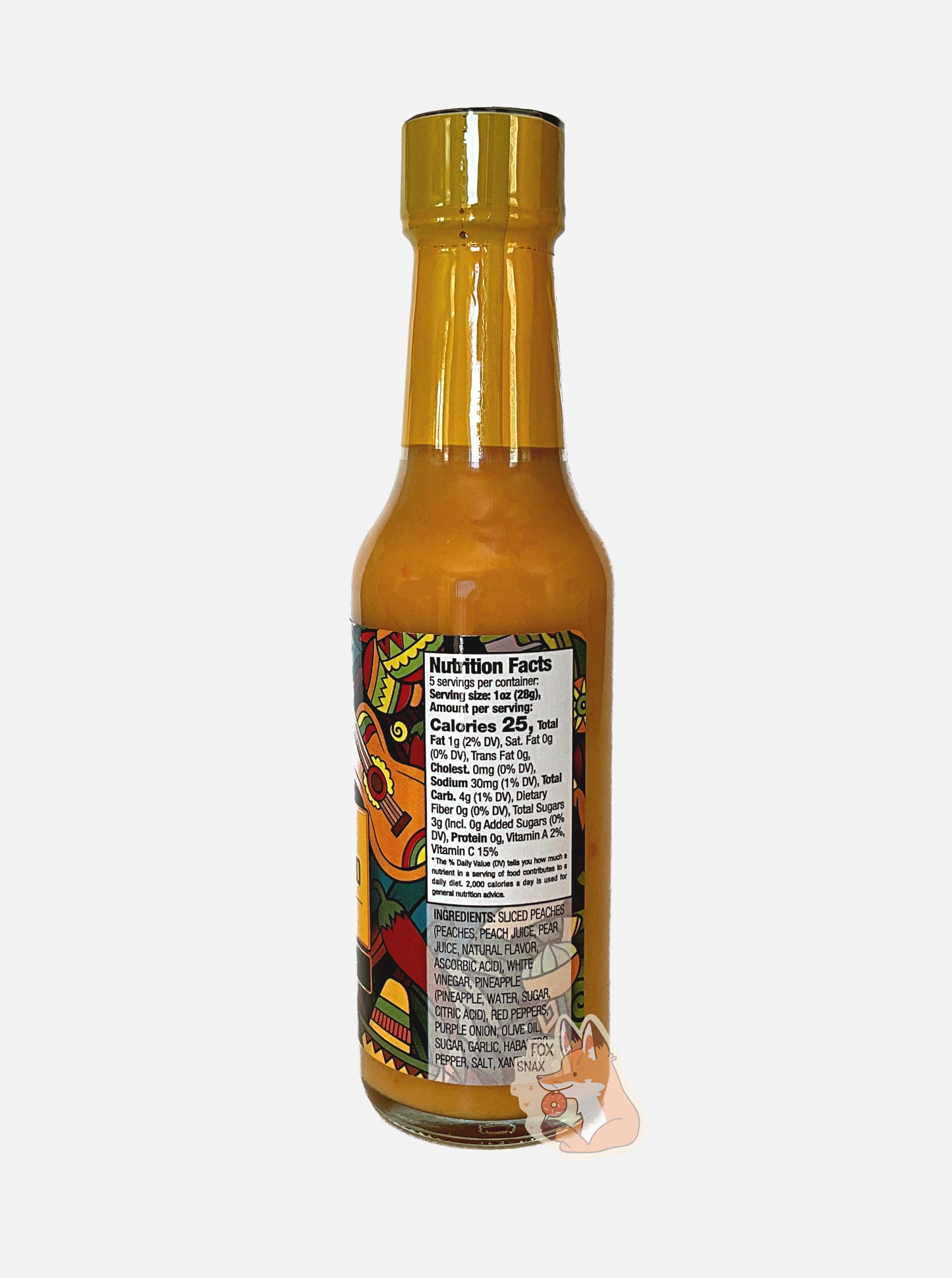 A picture of a small, tall glass bottle of hot sauce. The top of the bottle is sealed with a plastic top. The sauce inside is orange.