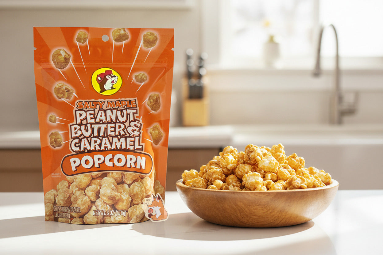 A picture of a orange/tan bag of Buc-ee's Salty Maple Peanut Butter & Caramel Popcorn. The front of the bag has a group of popcorn nuggets, each coated in brown, salty maple, peanut butter and caramel coating, exploding from the center. A pile of popcorn is on the bottom. The bag reads SALTY MAPLE PEANUT BUTTER & CARAMEL POPCORN. The bag is sitting on a sunny kitchen counter, next to a wooden bowl; the bowl is filled with the popcorn.