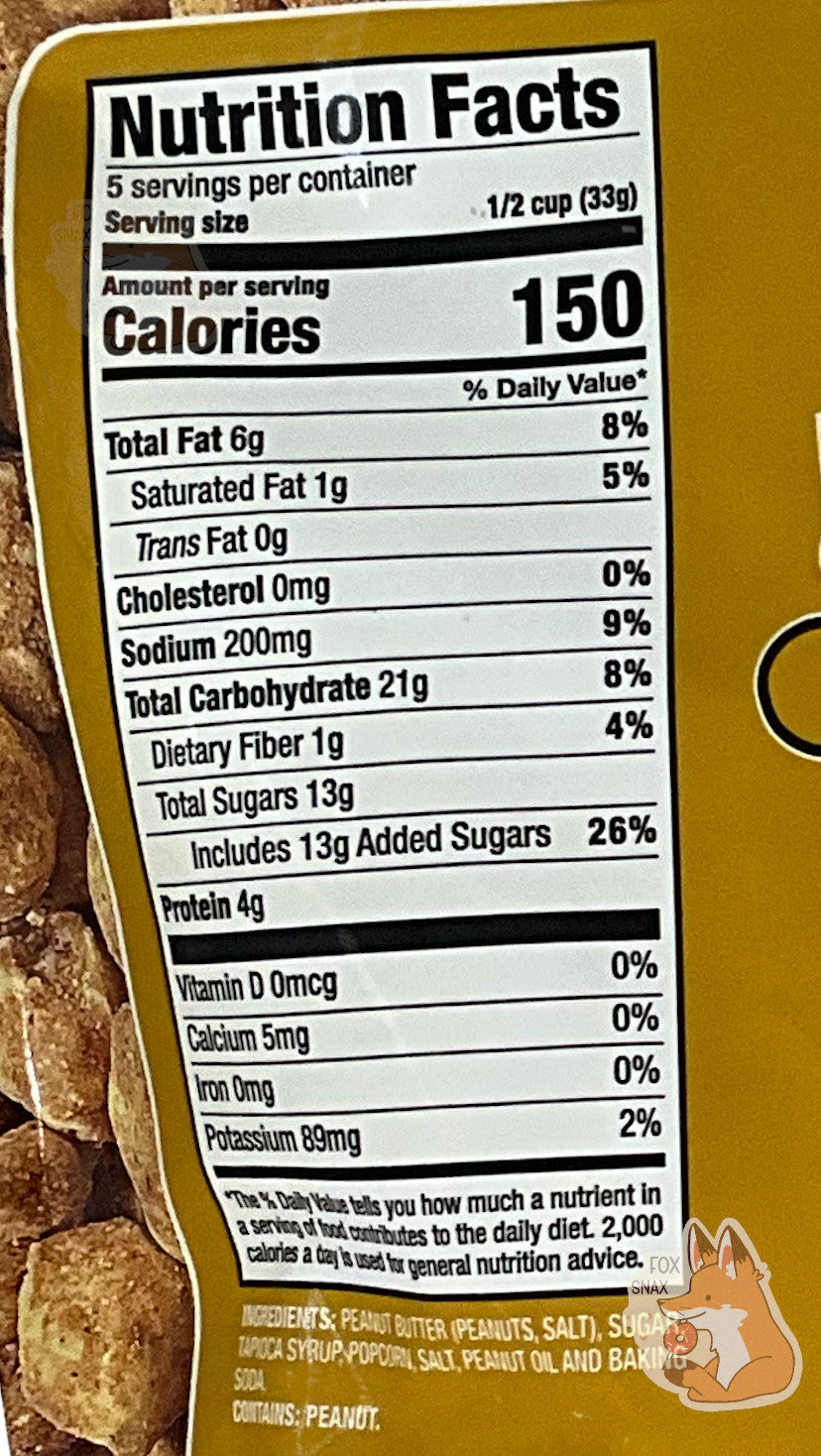 A closeup of the back of a bag of Buc-ee's Peanut Butter and Caramel popcorn. Nutrition facts, then ingredients, can be seen.