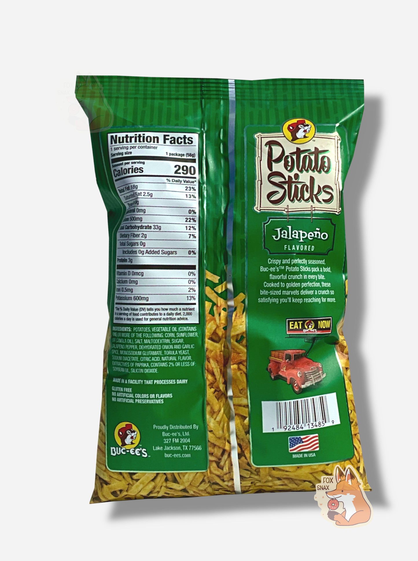 The back of a bag of Buc-ee's Jalapeno Flavored Potato Sticks. The bag is in dark green. Ingredients are listed, next to text that reads CRISPY AND PERFECTLY SEASONED, BUC-EE'S POTATO STICKS PACK A BOLD, FLAVORFUL CRUNCH IN EVERY BITE. COOKED TO GOLDEN PERFECTION, THESE BITE-SIZED MARVELS DELIVER A CRUNCH SO SATISFYING YOU'LL KEEP REACHING FOR MORE.