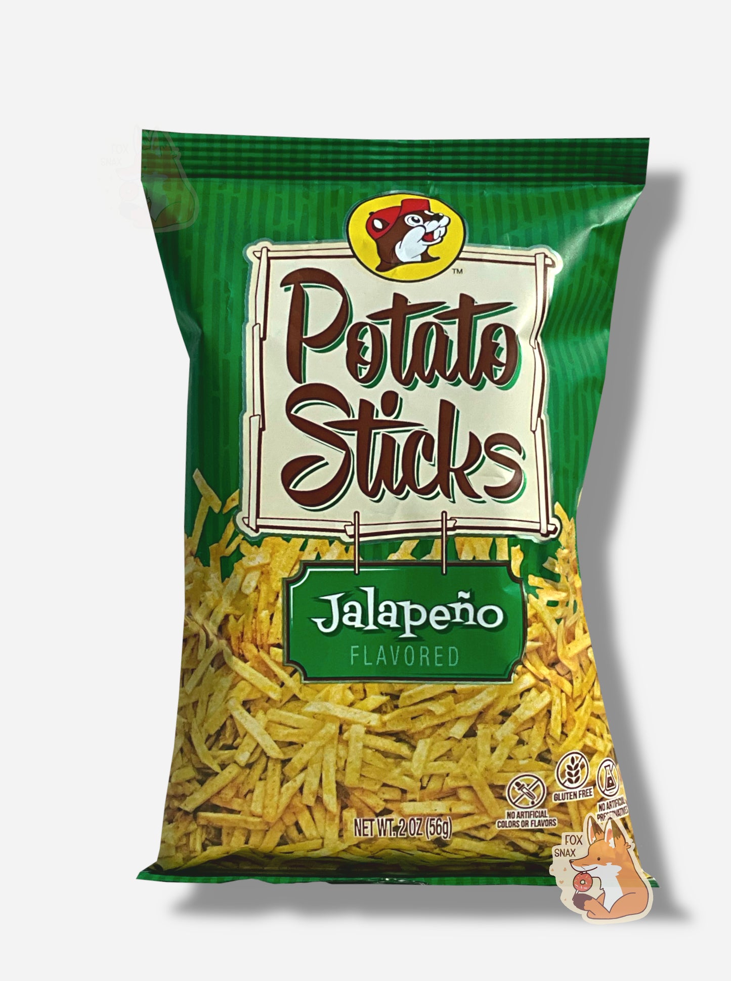 A bag of Buc-ee's Sorta Spicy Jalapeño Flavored Potato Sticks. The bag is in dark green, and has a white sign in the middle in black text that reads POTATO STICKS, then under that, JALAPENO FLAVORED. A large number of skinny (skinnier than french fries) potato sticks frame the bottom of the bag.