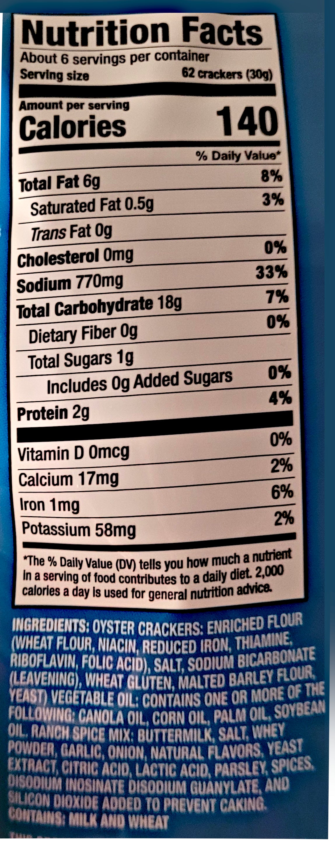 The back of a bag of Buc-ee's Ranch'N Crackers. Nutrition facts and ingredients are listed.