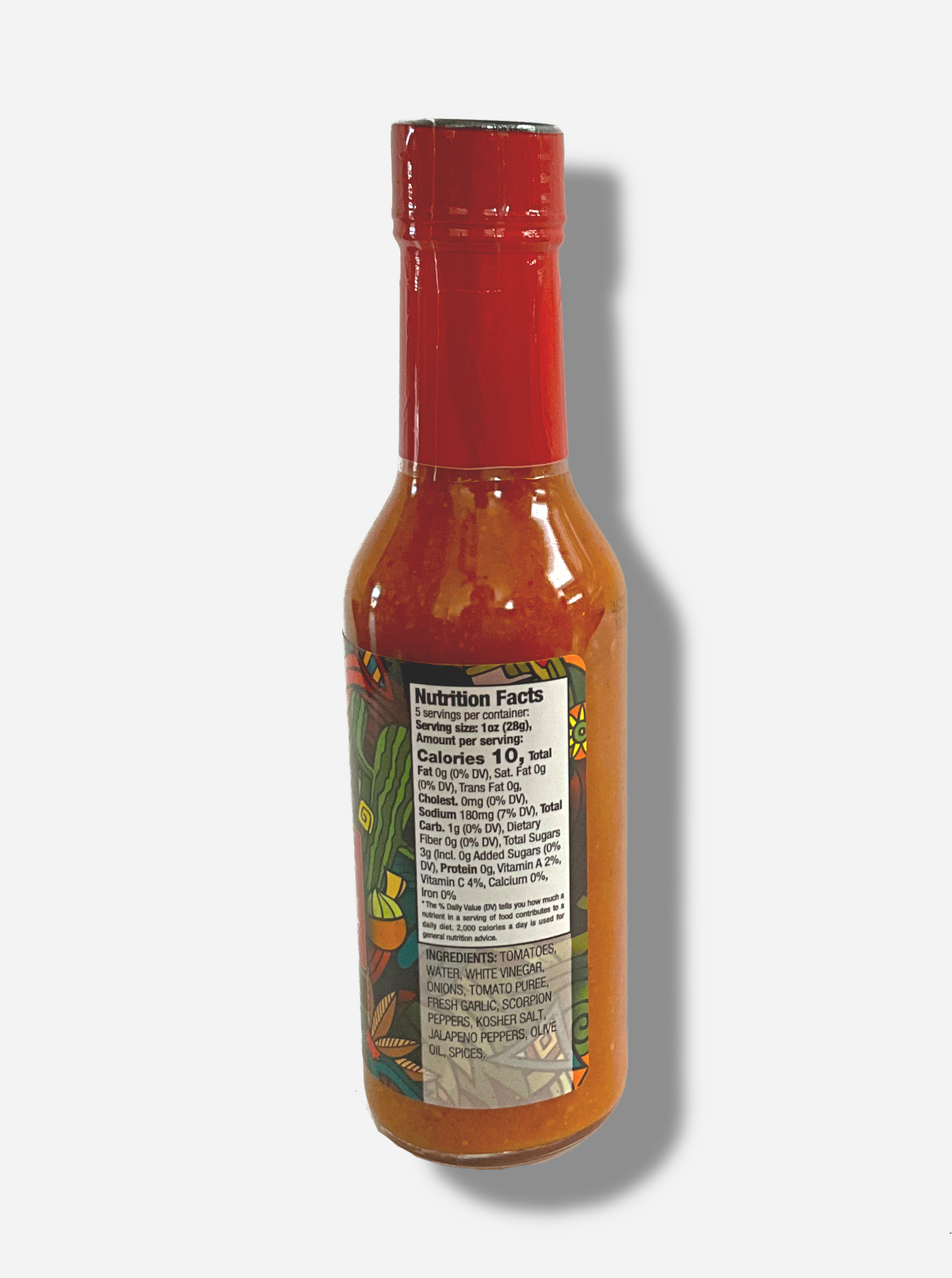 A picture of a small, tall glass bottle of hot sauce. The top of the bottle is sealed with a plastic top. The sauce inside is orange/red.