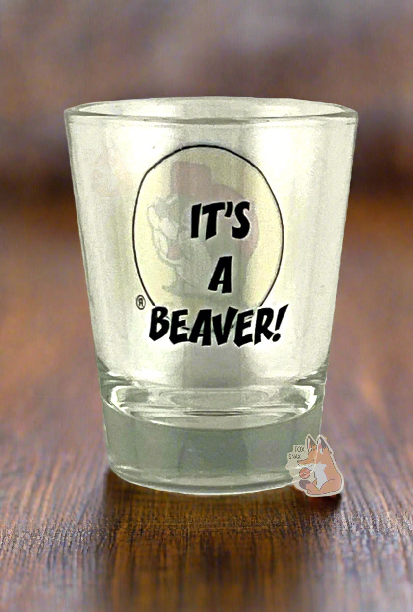 A picture of the back of glass shot glass. The glass is clear. In the middle of the back are the words, in black front, IT'S A BEAVER! The shot glass is sitting on a dark wooded bar top.
