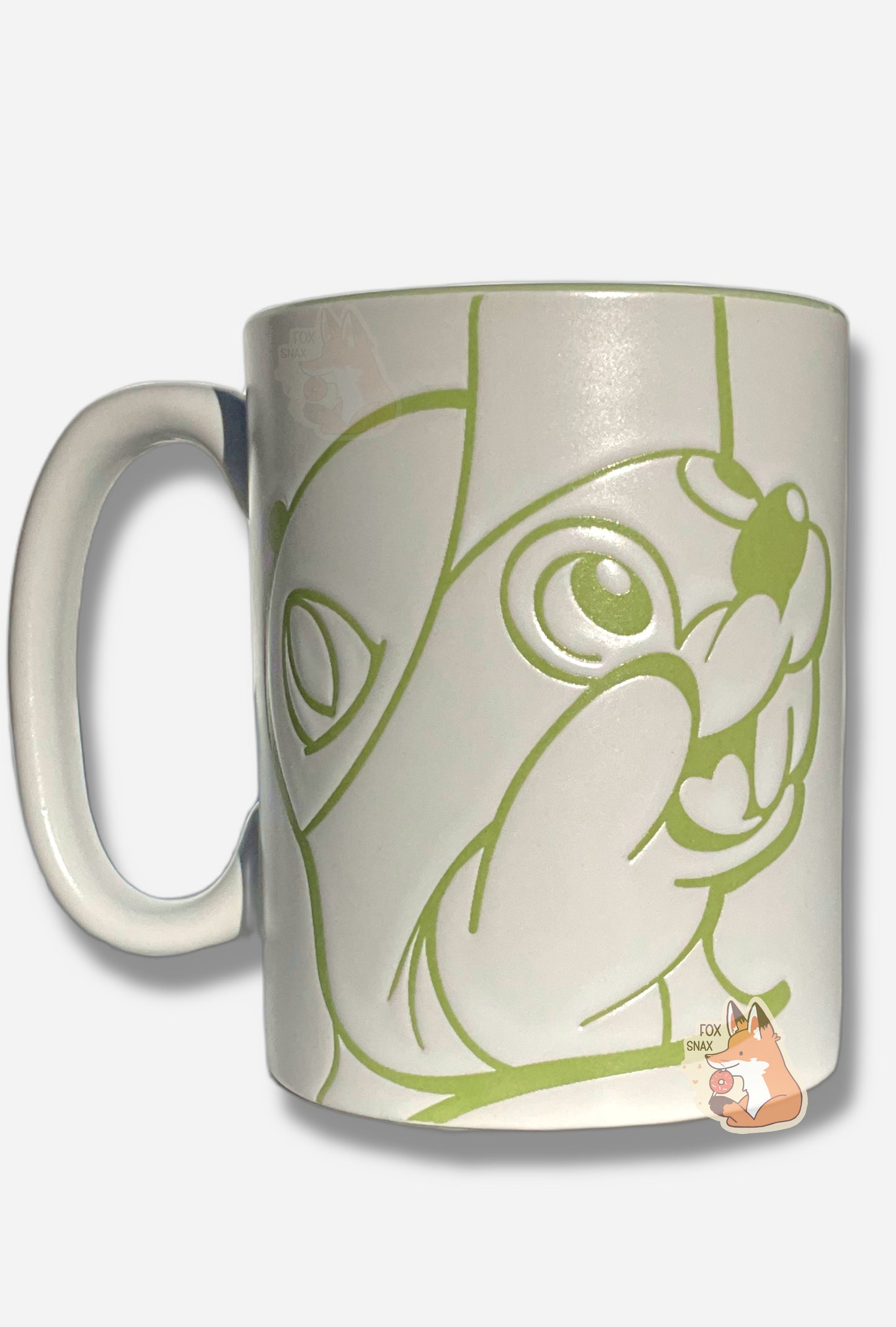 A picture of a ceramic, dark blue and white coffee mug. The mug prominently features a picture of Buc-ee The Beaver on the front and back, in light green. The interior of the mug is a light green as well, and rest of the mug is white.