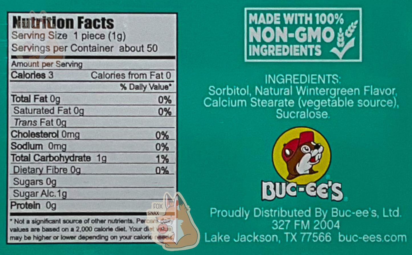Close up of the back of a tin of Buc-ee's Wintergreen Mints. Nutrition facts, then ingredients, can be seen.