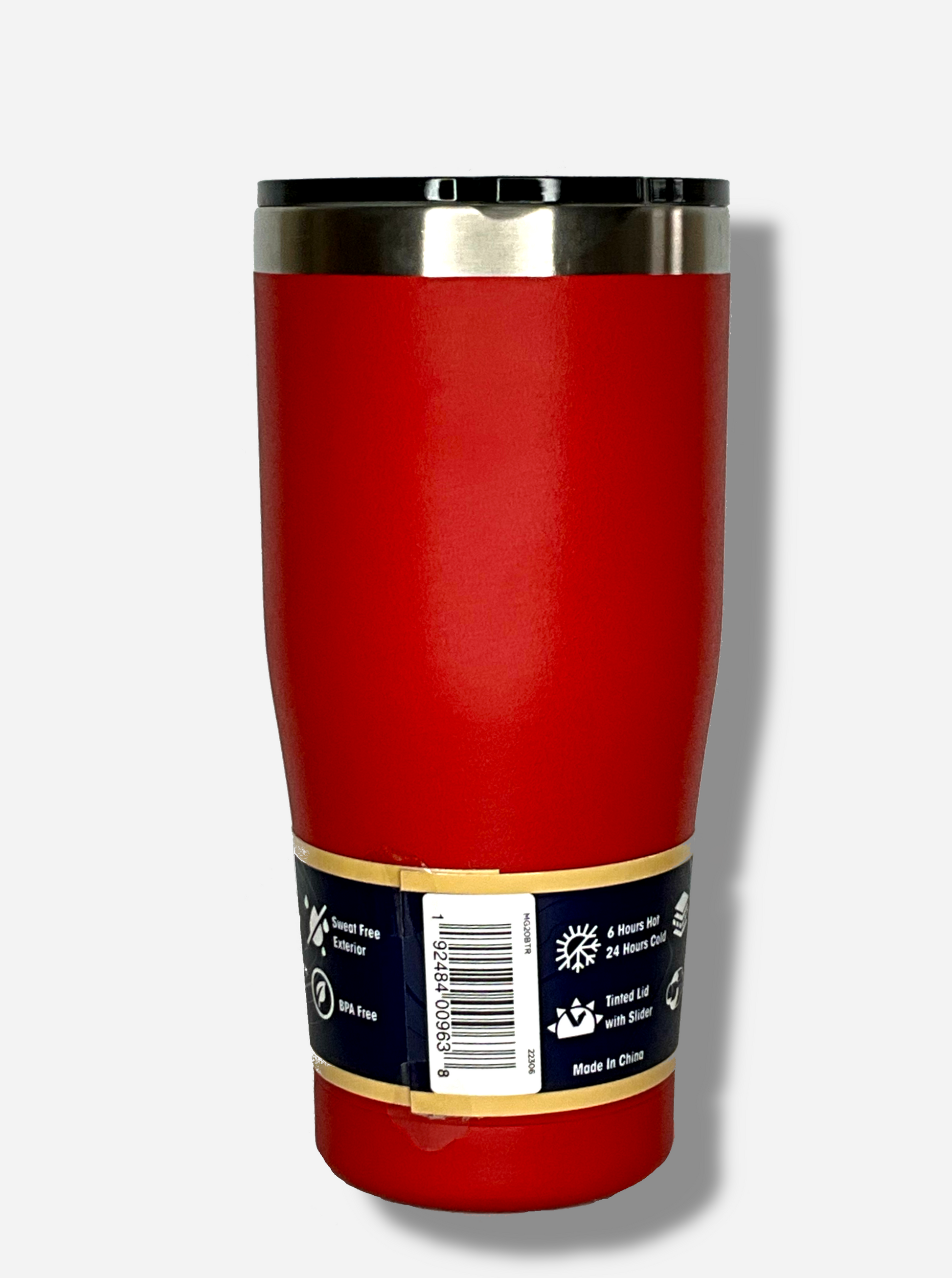 A picture of the back of a tall, red tumbler.  The surface is smooth and red, as it is red paint covering stainless steel.  The handle and top are plastic.  The top of the mug is lined with a stainless steel band.  A paper wrapper around the bottom has a diagram that reads 20 oz, next to the barcode.