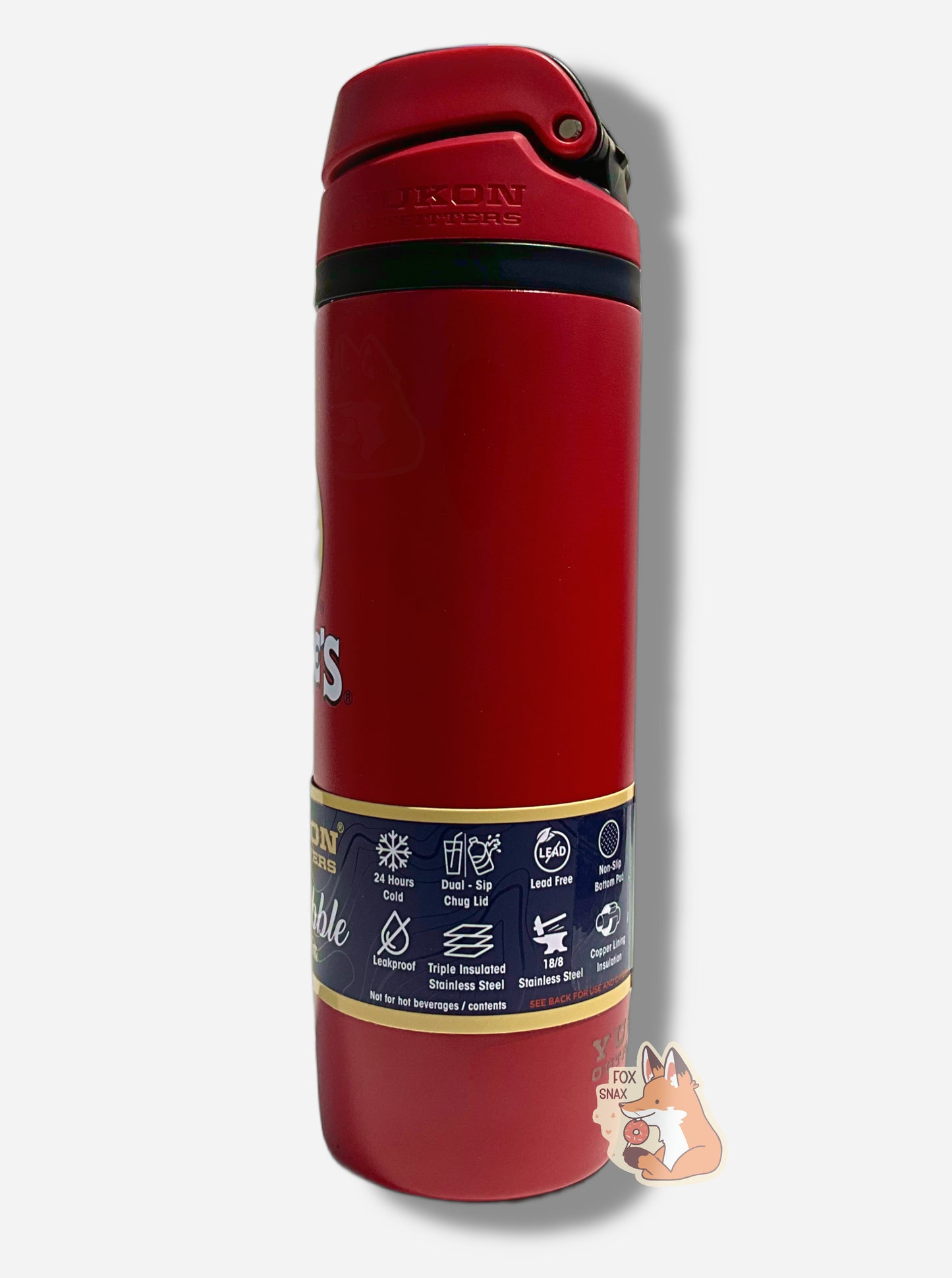 A picture of the other side of a tall red cylindrical water bottle.  Part of the white Buc-ee's logo can be seen.  The surface is smooth and red, as it is red paint covering stainless steel.  The small plastic handle is closed. The top is black and red plastic, and is closed.  A paper wrapper around the bottom reads: 24 Hours Cold, Dual-Sip Chug Lid, Lead Free, Non-Slip Bottom Pad, Leakproof, Triple Insulated Stainless Steel, 18/8 Stainless Steel, Copper Lining Insulation.