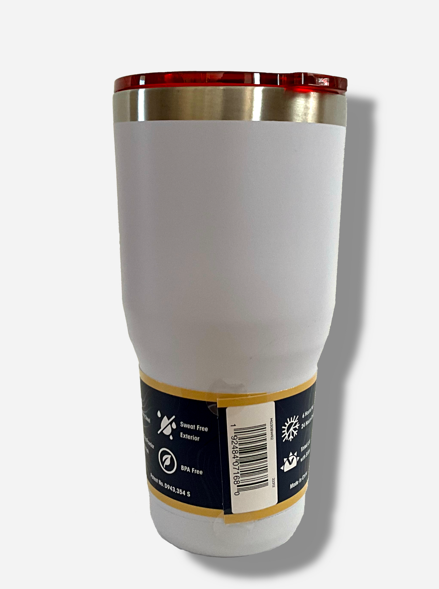 A picture of the back of a tall, white tumbler.  The surface is smooth and white, as it is white paint covering stainless steel.  The top is red plastic.  The top of the mug is lined with a stainless steel band.  A paper wrapper around the bottom has a diagram that reads 30 oz, next to the barcode.