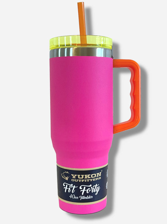 A picture of the front of a tall, pink, sorta skinny tumbler, with a light orange plastic handle and transparent yellow top.  The surface is smooth and pink-colored,as it is pink paint covering stainless steel.  The handle, top, and straw are plastic.  The top of the mug is lined with a stainless steel band.  A paper wrapper around the bottom reads: Yukon Outfitters.  Fit Forty 40 oz Tumbler.