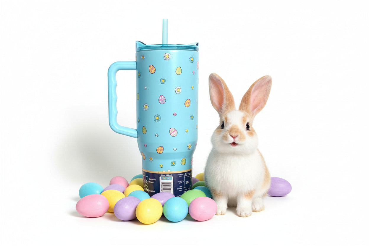 A picture the back of a tall, light blue, sorta skinny tumbler.  On the tumbler are a  series of Easter eggs dyed in fantastic patterns and colors, as well as daisy-like flower heads in different petal colors, with a yellow center.  The surface is light blue, as it is paint covering stainless steel.  The top is transparent light blue plastic. The tumbler is surrounded by pastel Easter eggs and on the right, a cheerful Easter bunny looking directly at the viewer.